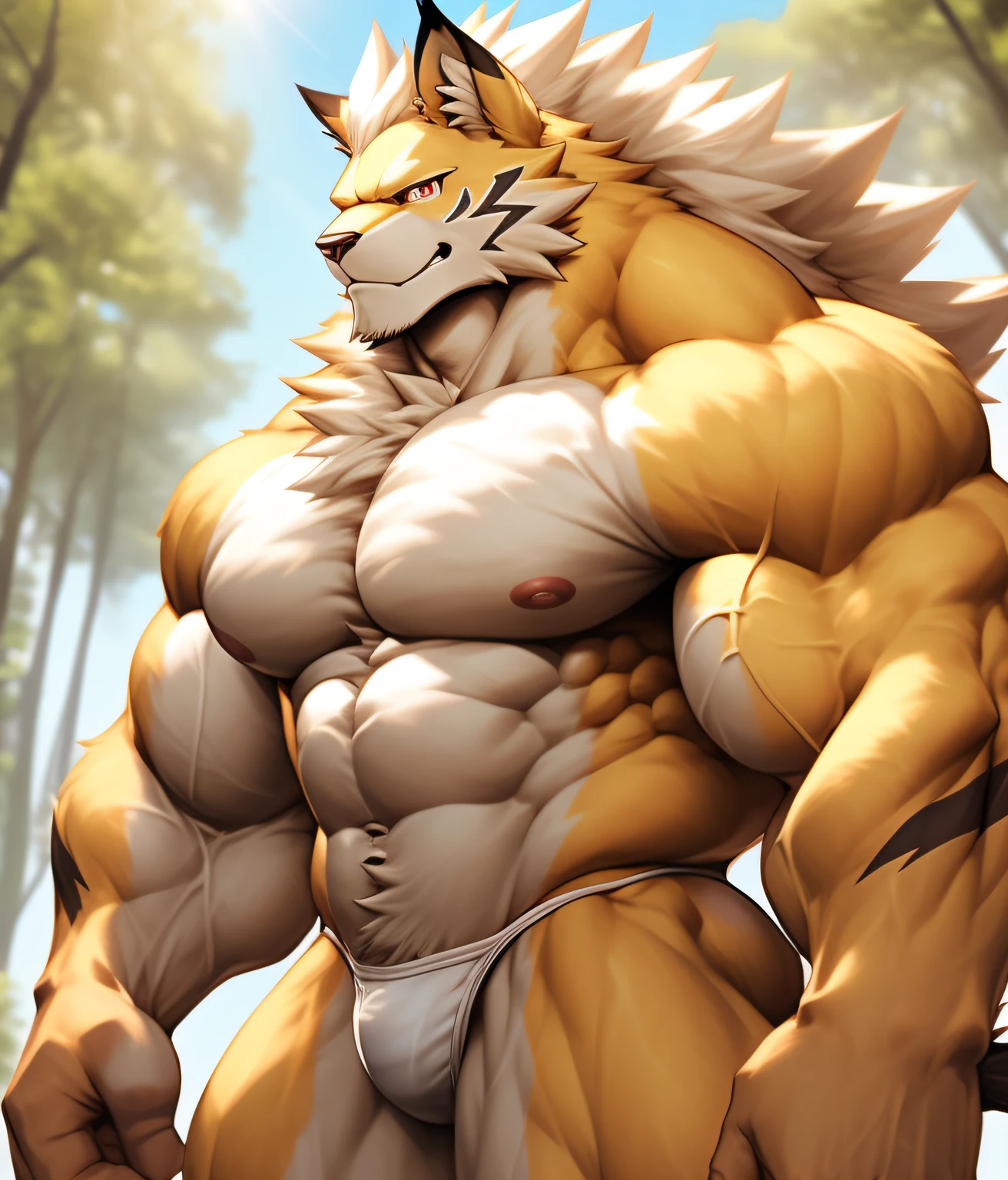 PRO competitive bodybuilder, nj5furry, (Leomon,, massive, huge, muscular, Gigachad), (((((WHITE THONG))))) Leomon,YOUNG FACE, TEEN, ((extremely realistic shadows, masterpiece, extremely detailed, photorealistic)), kemono, looking at the viewer, ((FRONT)), friendly loo6k, Leomon, ((detailed face)) nose, red eyes, ((detailed eyes)),  cream skin,  cream fur, cream hair, cream mane, height 3 meters high, the optimal height, tight clothing, 110 kg, body full of huge muscles; muscle and bulge pecs, ripped abs, V-shaped body, thick waist, long legs, strong arms manly, handsome face, attractive cool calm face type with a mischievous smile, topless. Mountaint forest, day, sun, sun rays, clouds, birds; bulge in the crotch, wears a small white string thong that reveals huge, muscular thighs, (((she wears a very tight little white string thong))), bulging biceps. A muscular bodybuilder in the making. A potential PRO competitive bodybuilder and bulging neck. ((Almost naked))