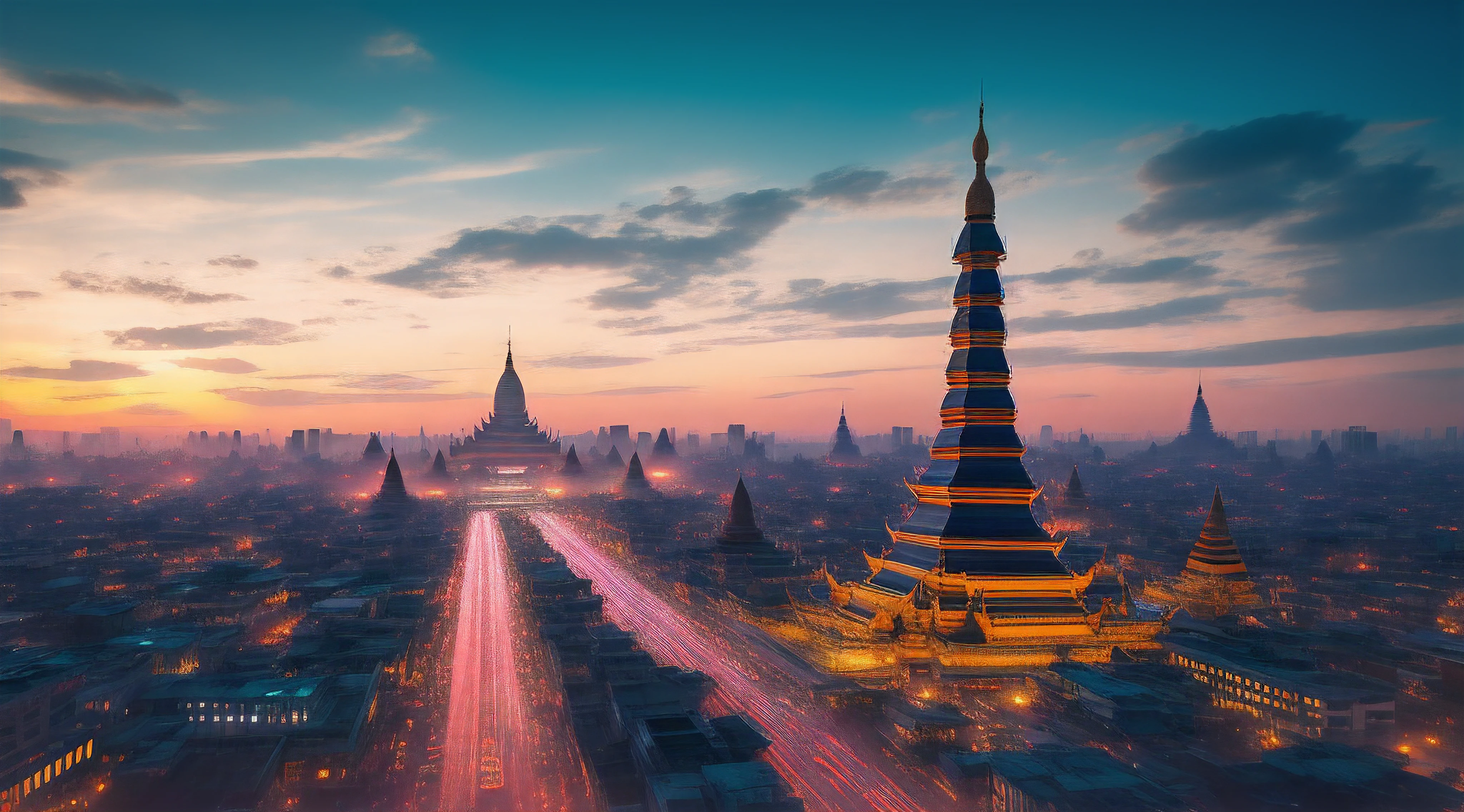 Myanmar Speed Net, Website Header,((Detailed)), ((Masterpiece)), ((Realistic)), Futuristic cyberpunk cityscape, bustling with activity, towering skyscrapers, neon-lit streets, vibrant and dynamic lighting, dark and gritty cyberpunk style, digital illustration, high definition, perfectly capturing the dystopian mood, expertly crafted by Ridley Scott, with intricate detail and excellent perspective, scenic and breathtaking, futuristic vehicle, spectrums light trays, arrows, mobile internet tower, wifi signals, telecommunication, computers, android phones, Myanmar, Pagodas, hot air balloons lit with candles, Shwedagon Pagoda