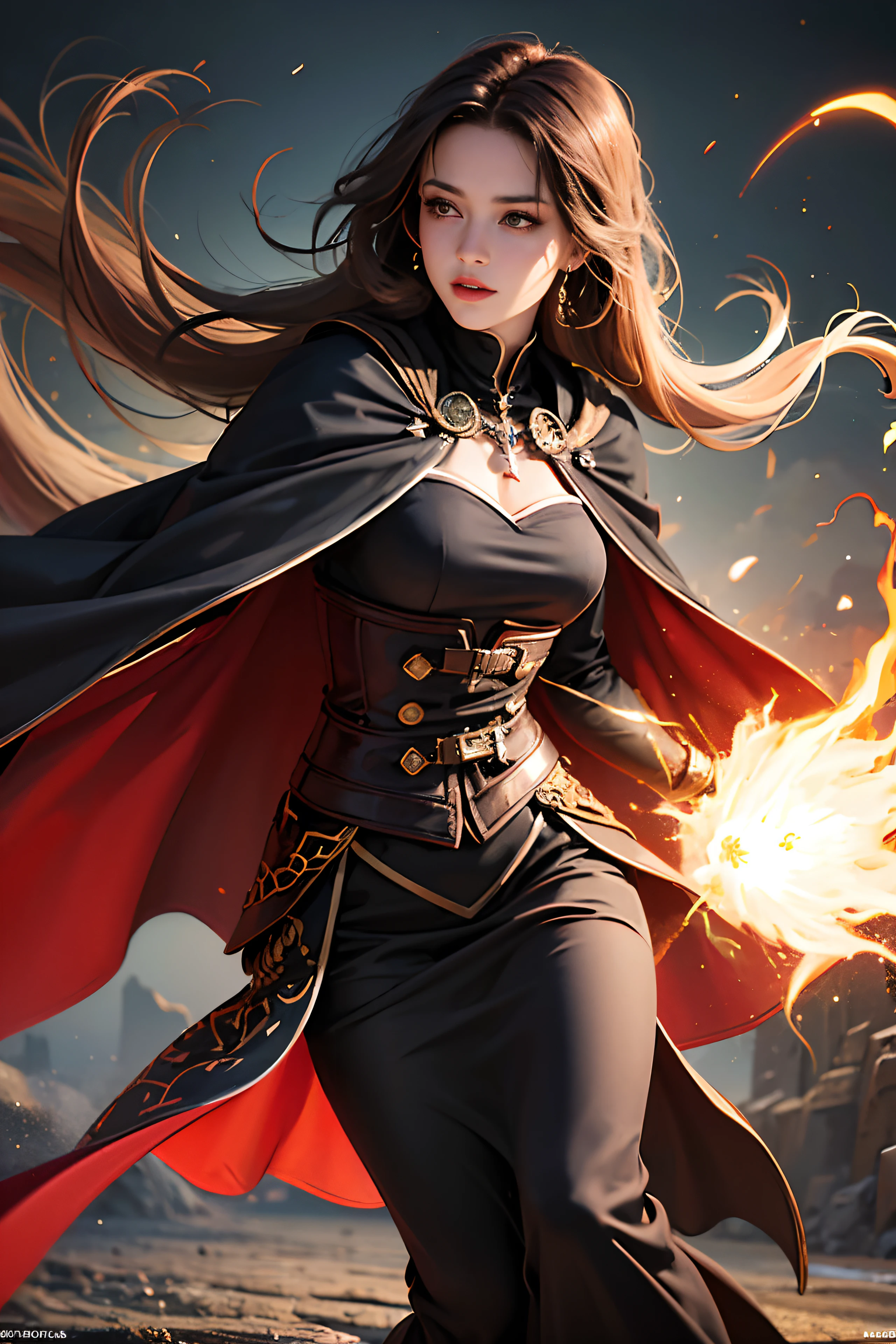 (8k, best quality, masterpiece:1.2), (best quality:1.0), (ultra highres:1.0), model shoot style, (extremely detailed CG unity 8k wallpaper), full shot body photo of girl (white skin), red lipstick, Sharp focus, high-quality digital art, wavy long hair, black hair, bangs, straight bangs, windblown hair, glowing red eyes, red eyes, red lips, picture-perfect face, flawless, clean, masterpiece, (((sharp))) ((focus)) (instagram) (8k) masterpiece, beautiful outfit, corset belt, black pants, delicate tracing, royal military coat, gold accents, digital painting, night, dark sky, aurora, highly detailed light, cinematic light, battle ready-stance, high-quality, a digital painting masterpiece, best quality, absurdly high resolution, flames, ruins, swirling magic, detailed background, castle, gothic vibe, moon in the sky, shiny reflection, intricate details, glow, shiny hair, long black hair, lustrous skin, smooth, vampire aesthetic
