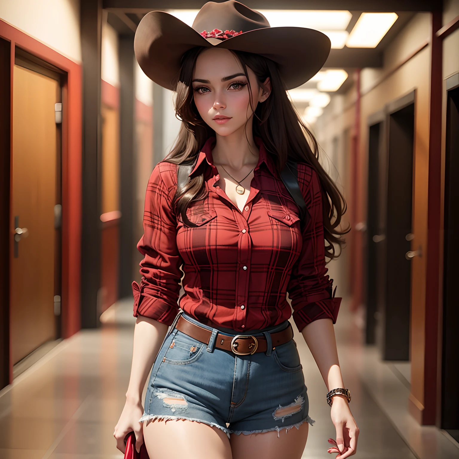 Brunette cowgirl in red and black plaid shirt in western background