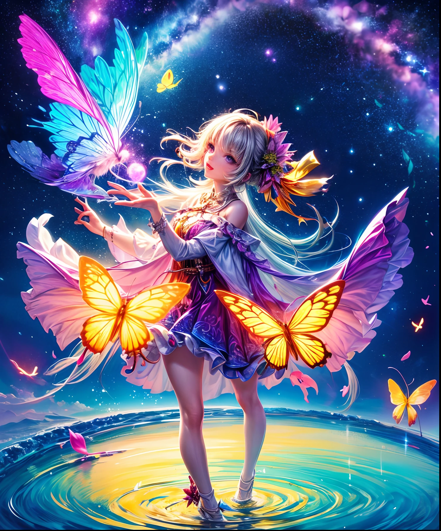 masterpiece,best quality,Butterfly-elves,(full body:1.2),(from side :1.3),1girl,angel,angel wings,brown hair,butterfly,butterfly wings,cleavage,diffraction spikes,dress,fairy,fairy wings,glint,glowing,glowing wings,jewelry,large wings,long hair,solo,sparkle,sparkle background,sparks,spread wings,standing,(transparent wings:1.2),wings,<lora:Butterfly-elves>,<lora:add_detail:0.7>,galactic system,cosmic space,pink nebula,