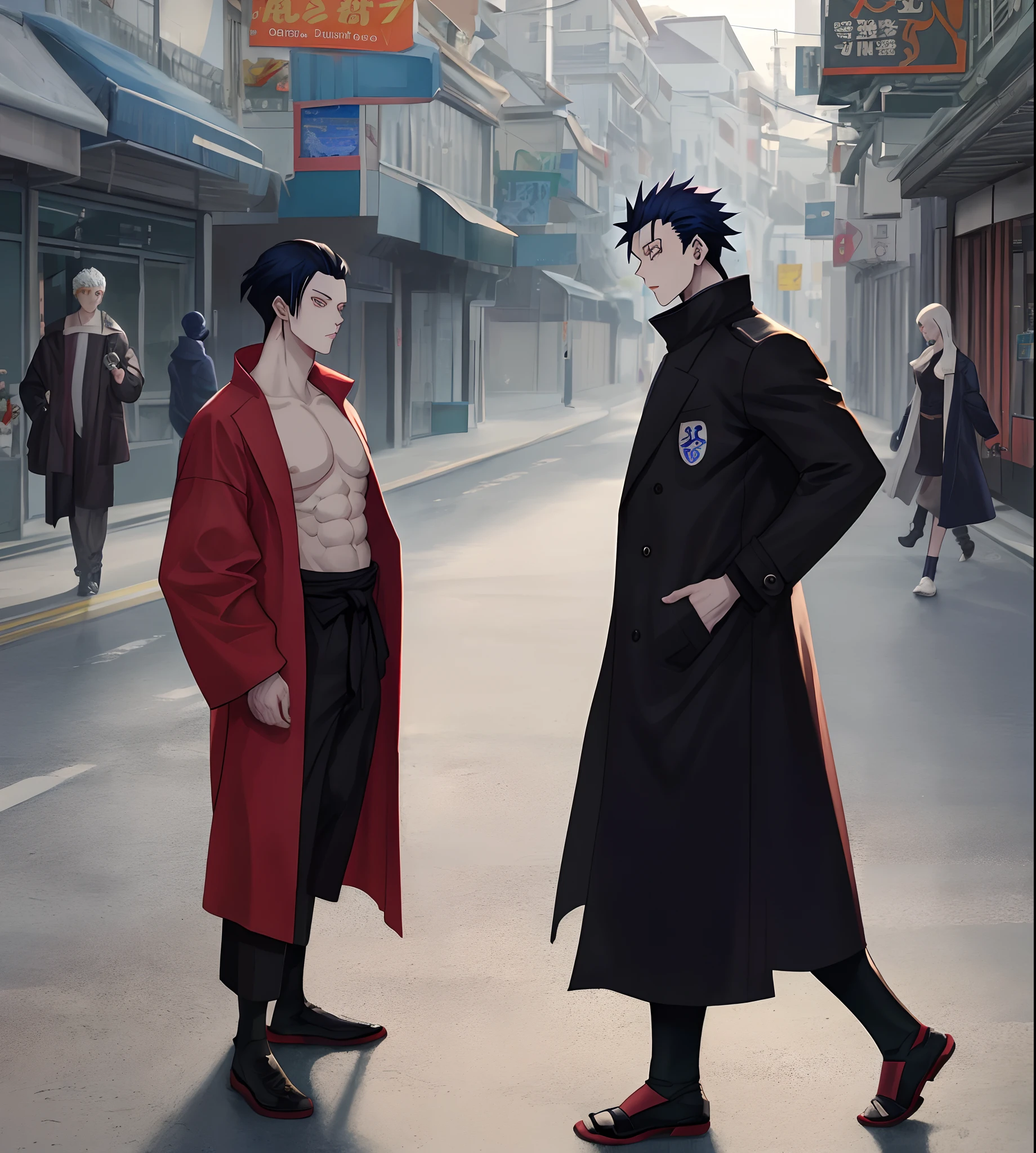 A girl with shoulder-length black hair, pele clara, cara de superior, olhos pretos e roxos, Slim body with muscles, ropa preta, He wears a very large overcoat dragging on the floor, segura uma foice, estilo do anime Jujutsu kaisen