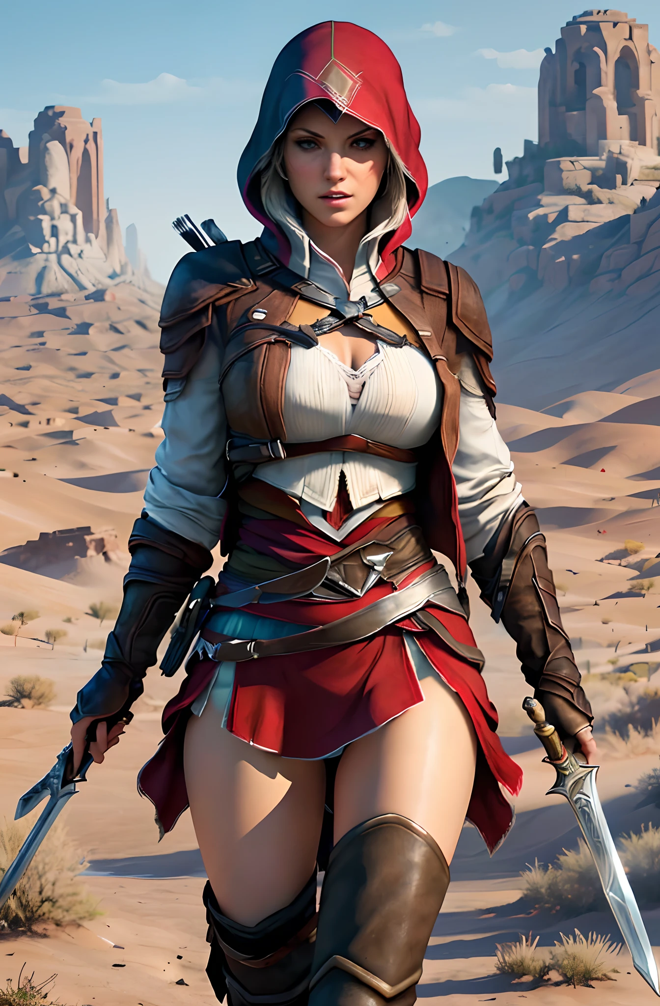 (best quality,4k,8k,highres,masterpiece:1.2),ultra-detailed,(realistic,photorealistic,photo-realistic:1.37),vivid colors,HDR,colorful, 1 woman, beautiful face, big breasts, sexy look, wearing assassin creed uniform from assassin creed game, carrying sword in hand, look gentle, photo art, masterpiece, desert in background