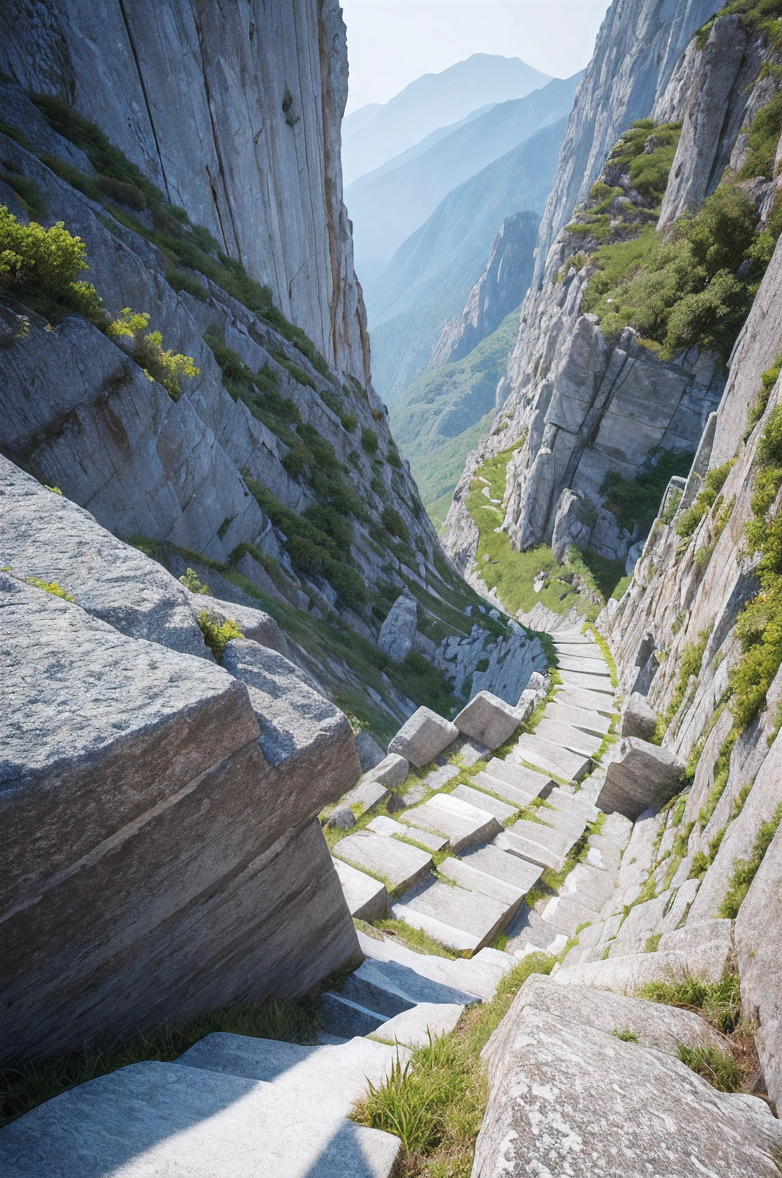 climb, long, winding, narrow, ascending, steps, crumbling, rocks, vertigo, edge, distance, fade, white, blue, gold masterpiece, expert, 4k resolution, intricate detail, minimalist art, simple, clean, flat colours