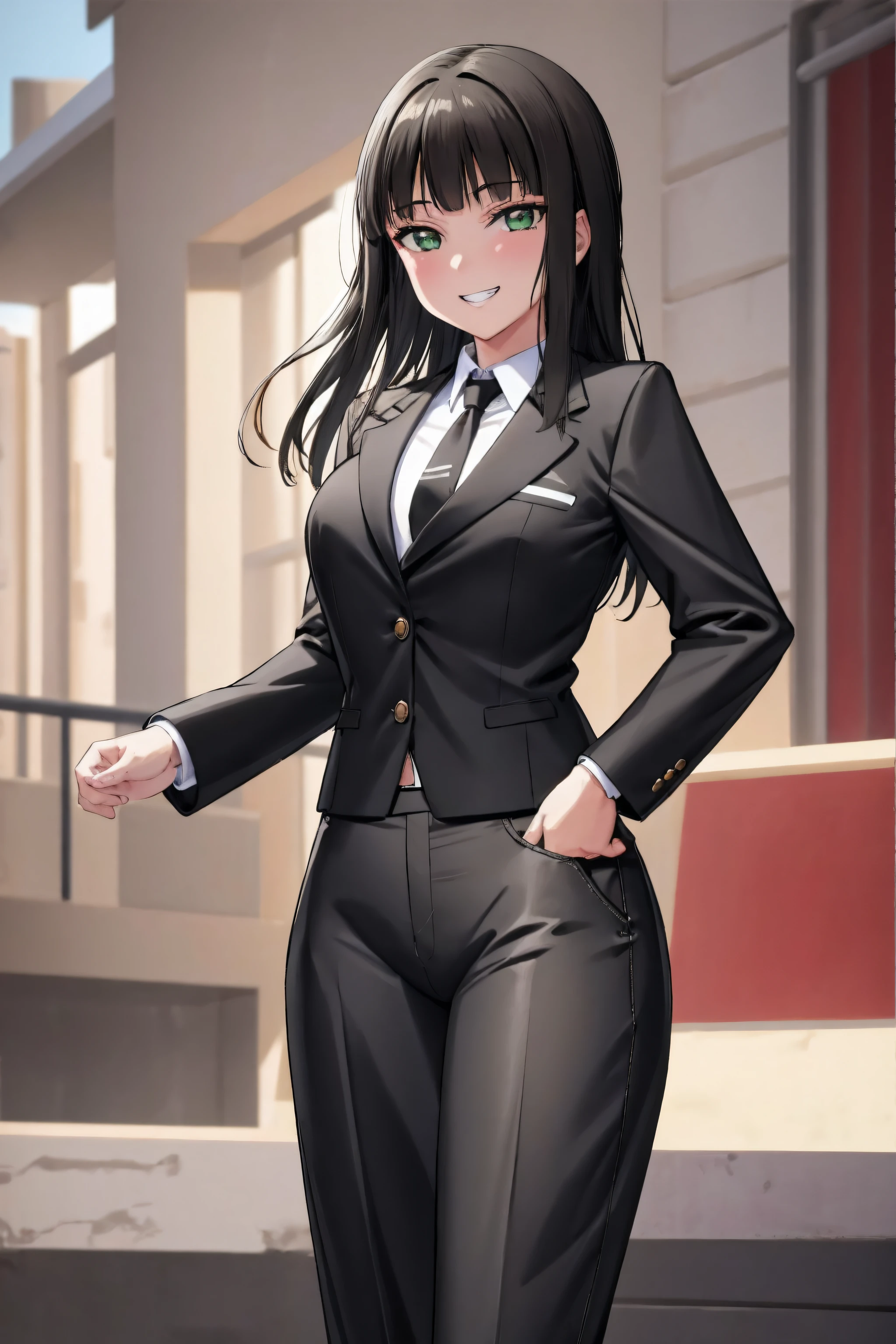 crotchless pants, 1girl, dia kurosawa, black hair, (green eyes:1.5) , shirt, breasts, white gloves,looking at viewer,  black pants,  smile, black necktie, suit,  formal, jacket, large breasts, wine, heart,  black jacket, black panties, collared shirt, long sleeves, , blunt bangs,  business suit, simple background, black tail, cowboy shot, grin,NSFW,official art,extremely detailed CG unity 8k wallpaper, perfect lighting,Colorful, Bright_Front_face_Lighting, (masterpiece:1.0),(best_quality:1.0), ultra high res,4K,ultra-detailed, photography, 8K, HDR, highres, absurdres:1.2, Kodak portra 400, film grain, blurry background, bokeh:1.2, lens flare, (vibrant_color:1.2) (Beautiful,medium_Breasts:1.4), (beautiful_face:1.5),(narrow_waist),(perfect hands, perfect anatomy)