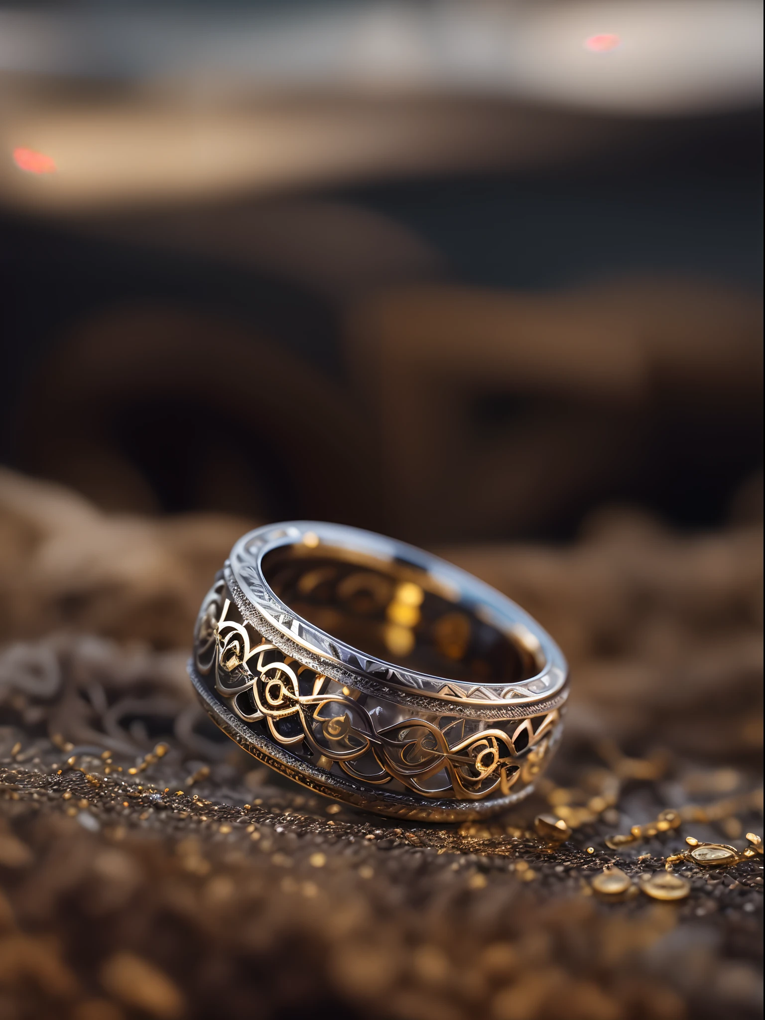 Metal rings),hyper photorealism,Alexander Calder(r,macro shot,reflective lens,spotlight,lord of the ring,Reflection,Openwork engraving,Luxury photography,Wear it on your hand,Partial close-up of gold and silver materials,Silvertone,golden colored
