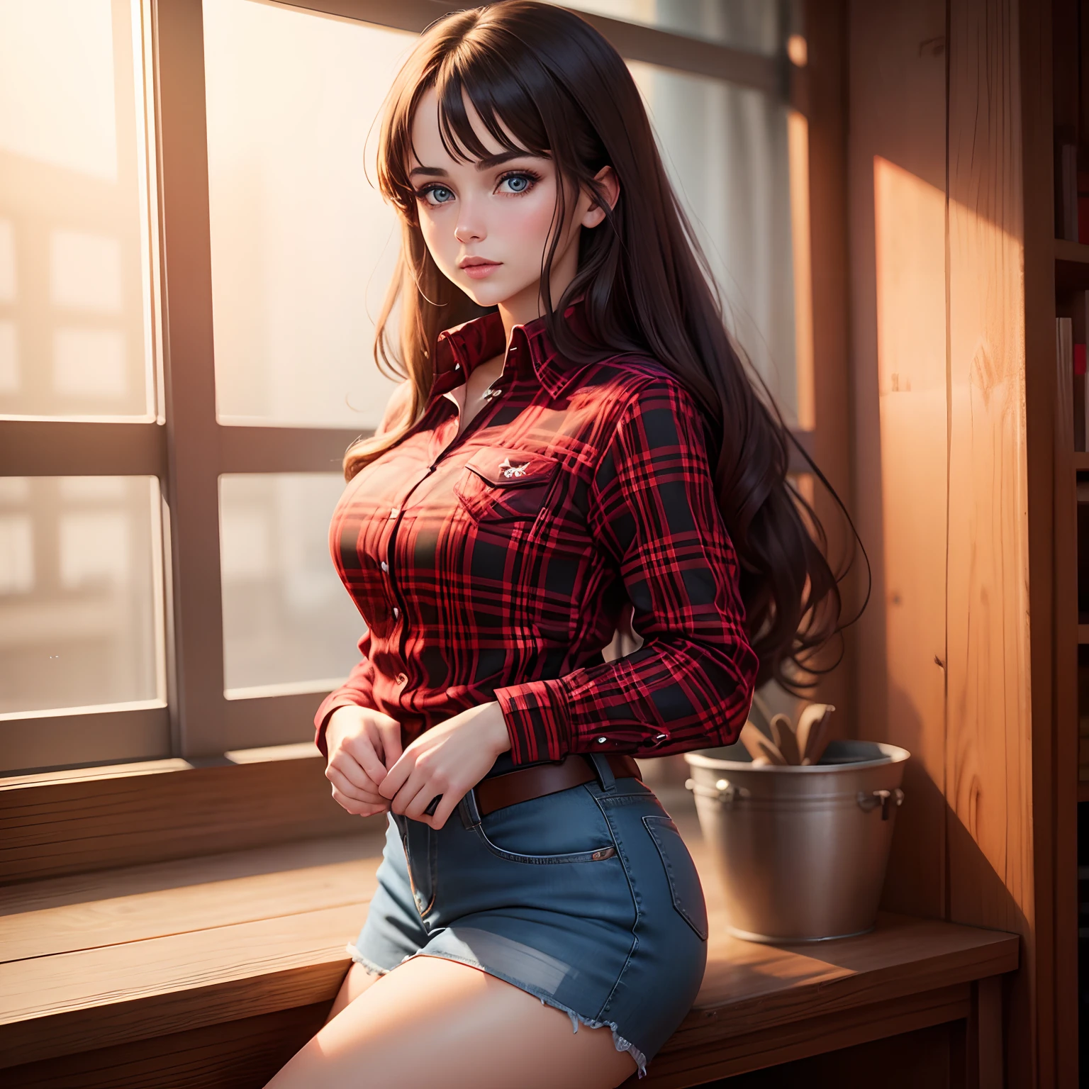 Brunette blue eyed cowgirl in red and black plaid shirt in western background