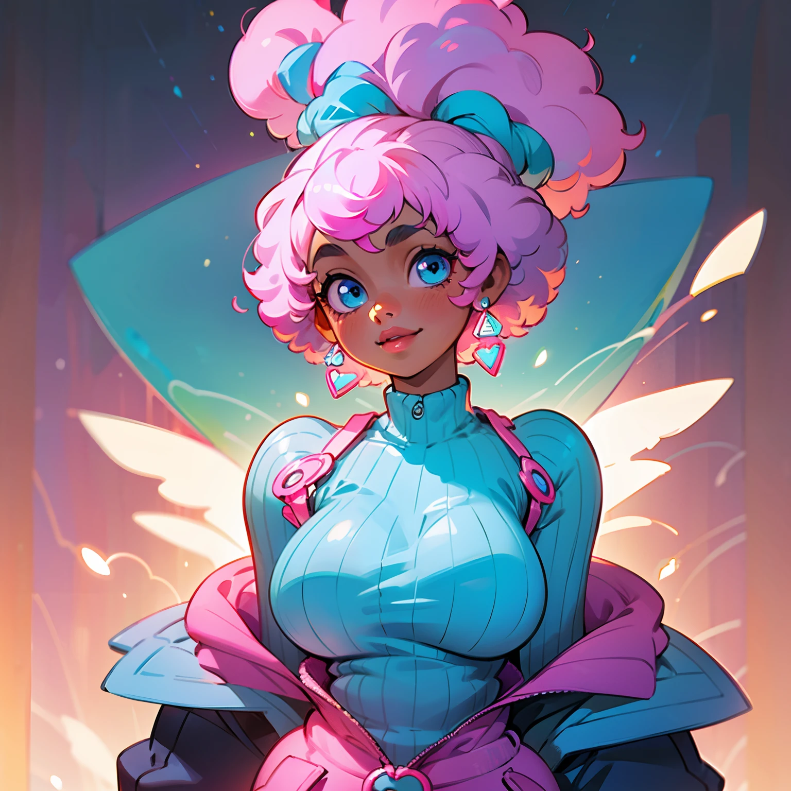 ((solo)), black girl, brown skin, pink afro hair, neon blue eyes, blue lipkstick, thick lips, gentle smile, cute clothes, plump body, blue sweater, half body framing