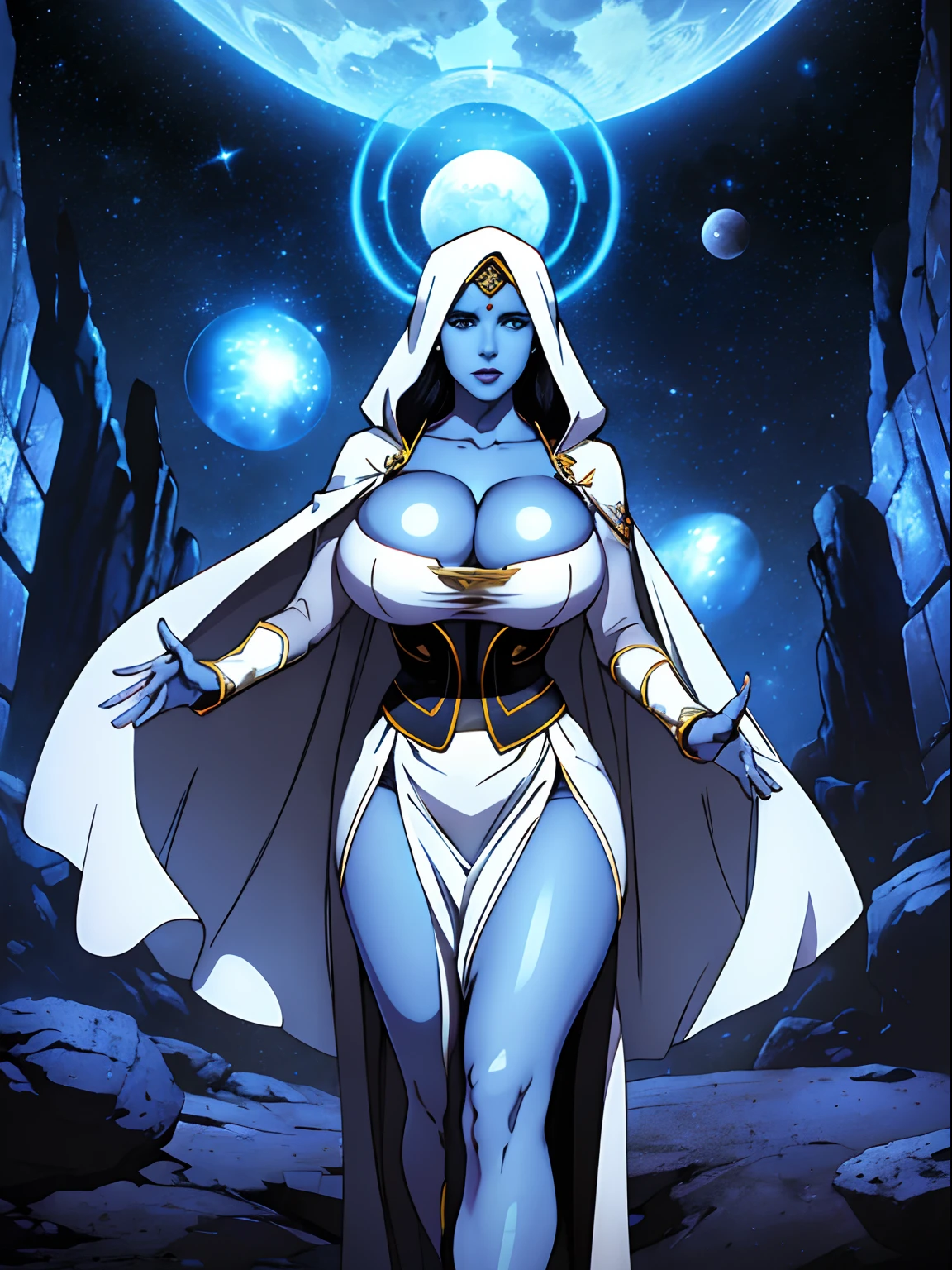 (masterpiece, top quality, best quality, official art, beautiful and aesthetic:1.2), (1girl:1.3), dark blue hair in braid, extremely detailed, portrait, looking at viewer, solo, (full body:0.6), detailed background, close up, (cool science fiction space theme:1.1), ((((blue skin)))), extremely busty sorceress, charlatan, mysterious, casting spells in space, four arms, revealing white robe, white dress, see-through, fingerless gloves, long gloves, glowing magical energy, blindfold, elaborate headdress, golden ceremonial headdress, sheer white fabric, elegant robes, skirts, streamers, cowl, cape, sandals, bracers, ((((gigantic breasts, cleavage, skindentation)))), slim waist, slim hips, long legs, athletic, SPACE, futuristic moon, (space exterior:1.1) background, dark mysterious lighting, shadows, magical atmosphere, dutch angle