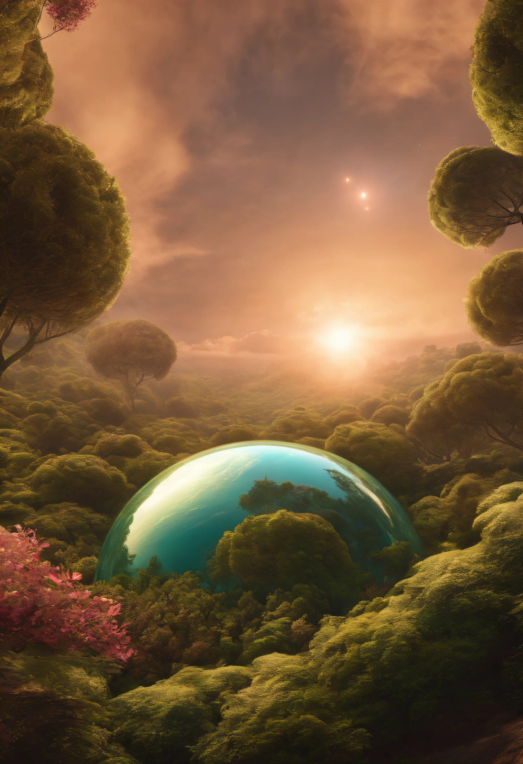 (((master part))) (((best quality))) esfera de vidro, close-up of a planeta with a bunch of trees on it, Planet covered with vegetation, planetaa verde, mundo fractal, mundo coberto de fantasia, planetaa fantasia, esfera de dyson, planetaa rosa, 3D rendering beep, planetary landscape, planetaa redondo inspirado em Jofra Bosschart, planeta, mundo futurista, Psychedelic flower planets, Ethereal world, (output brightness) OURO, ITENS DOURADOS