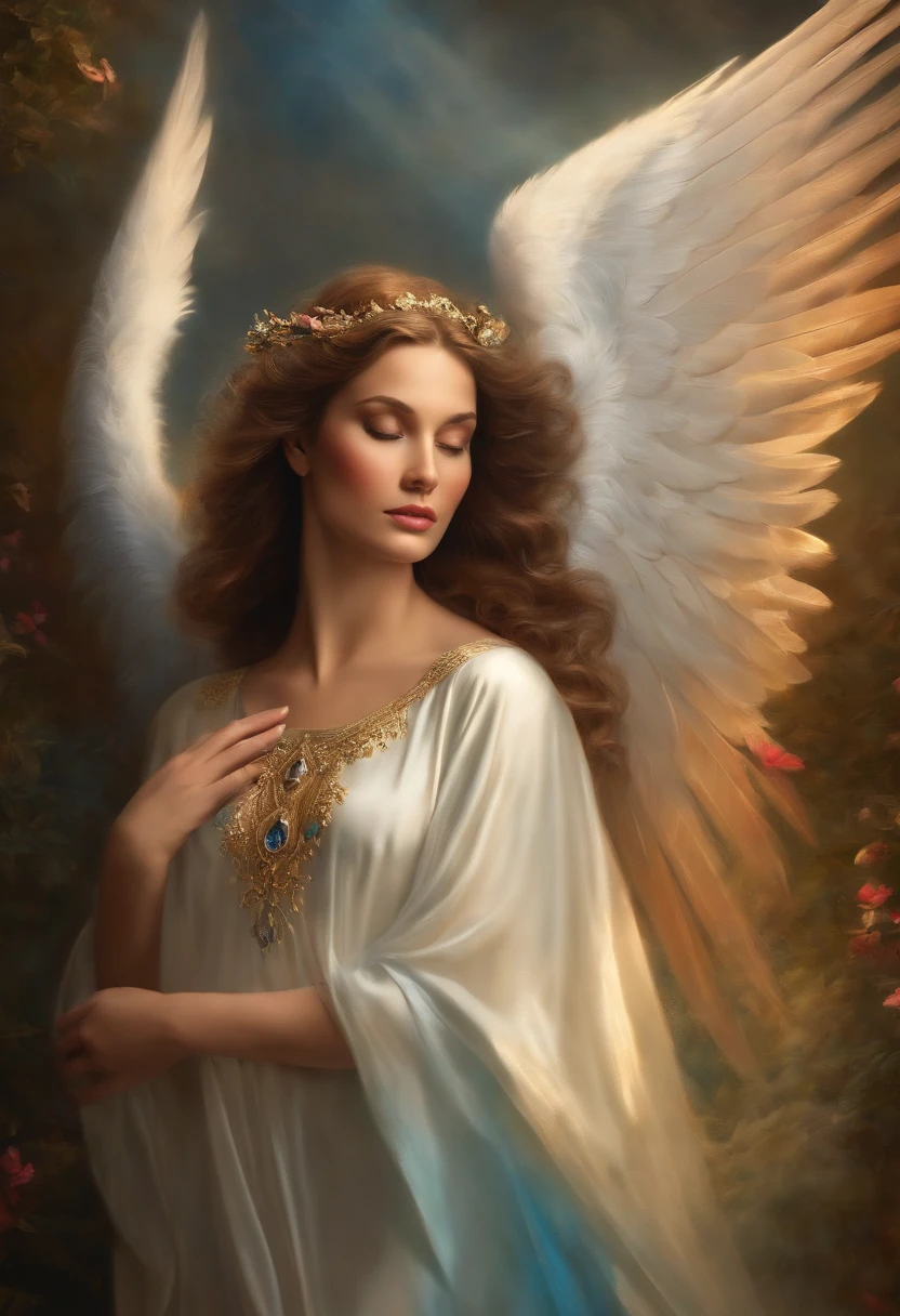 a far waya shot of a girl in causal clothing who's been reincarnated in spirit as an angel, a beam of holy godray lights falls gracefully from the heavens to bestow apon her whole being as she glows inb the holy light and raises her holy sword with much strength