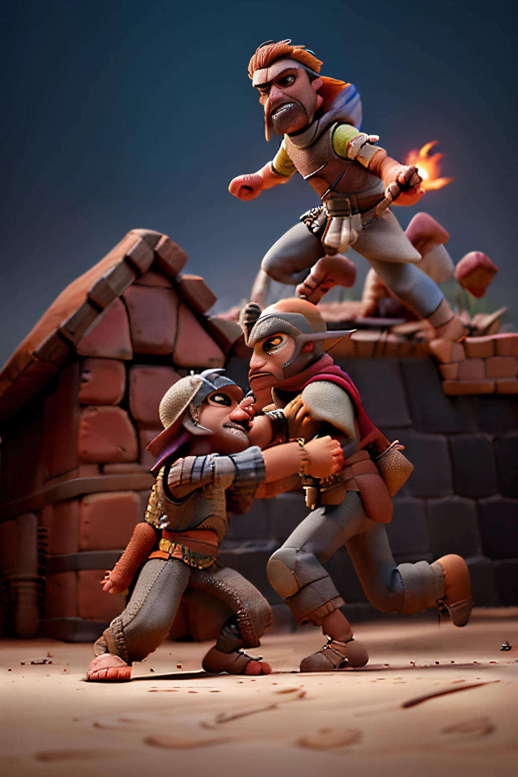 Epic fight between a medieval knight against a masked Arab warrior, in front of an ancient aztec city, storm clouds, fire, full moon