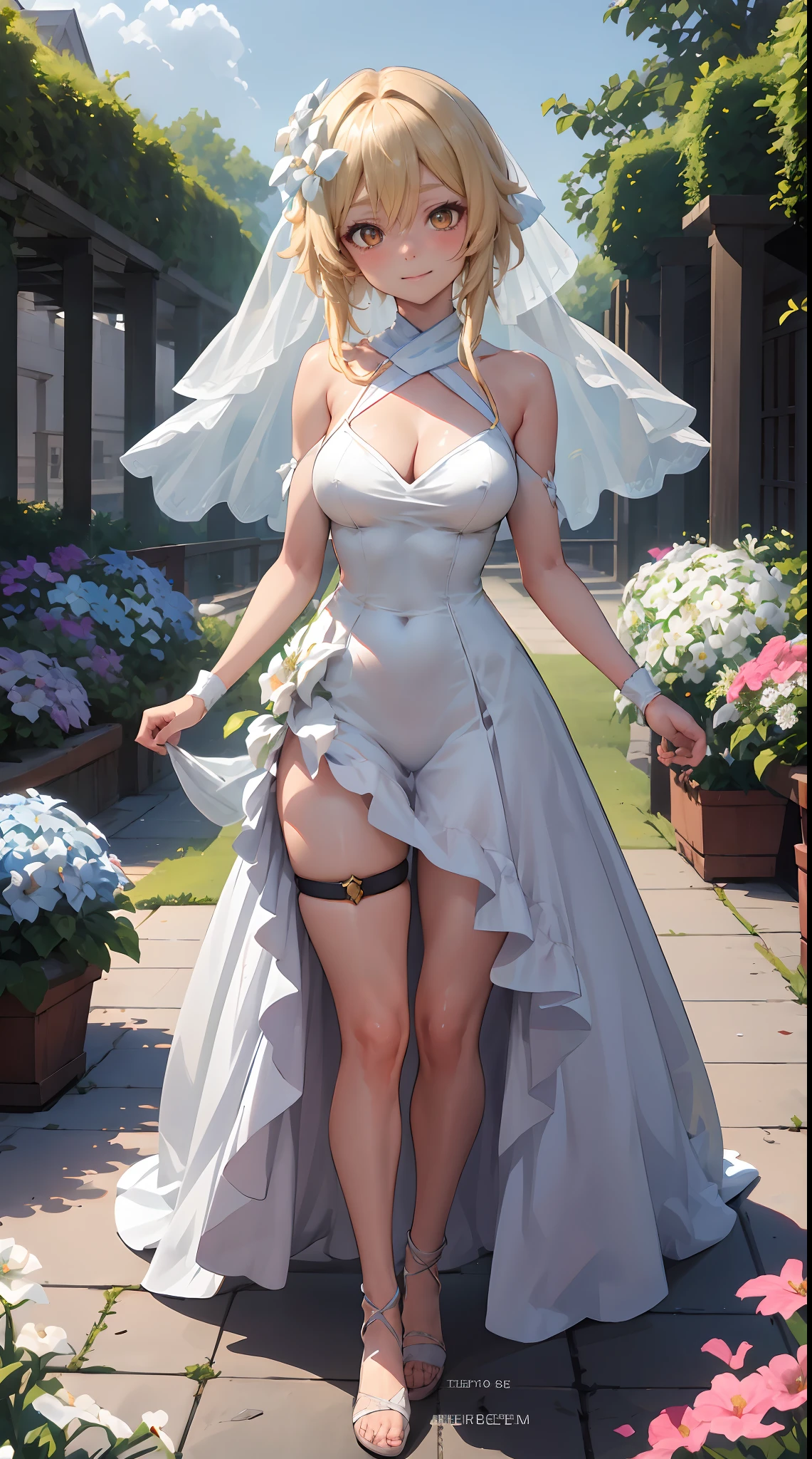 Lumine | genshin impact, master-piece, bestquality, 1girls,25 years old, proportional body, proportional., Wedding Dresses, White Wedding Dress, Long skirt, wedding, ,bara, Standing in the middle of a flower garden, outdoor, wedding, The sky is beautiful, Both hands hold a bouquet of flowers..............................................., View viewers from the front., Thigh strap, Head tilt, bored, 10, 10, HD, slight smile,