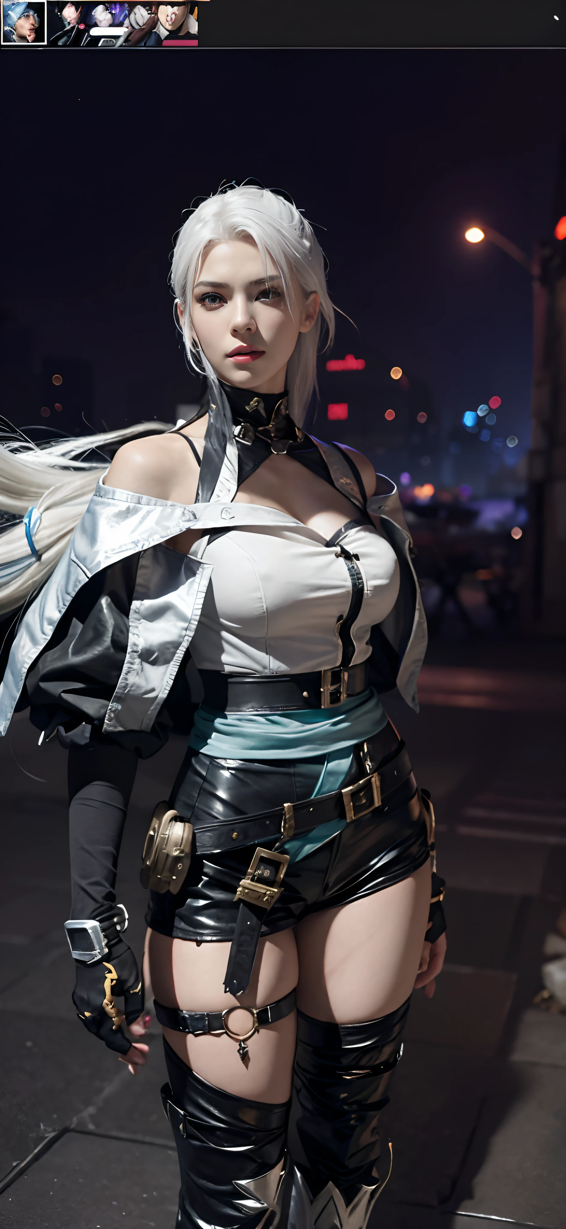 a close up of a person in a costume with a sword, as a character in tekken, female character, tifa lockhart with white hair, katana zero video game character, lunar themed attire, kda, slim body, cyborg - girl with silver hair, upper body avatar, (( medium breast;1.2)), fashion gameplay screenshot, fighting game character, new character, floralpunk elysian maiden, sigma female