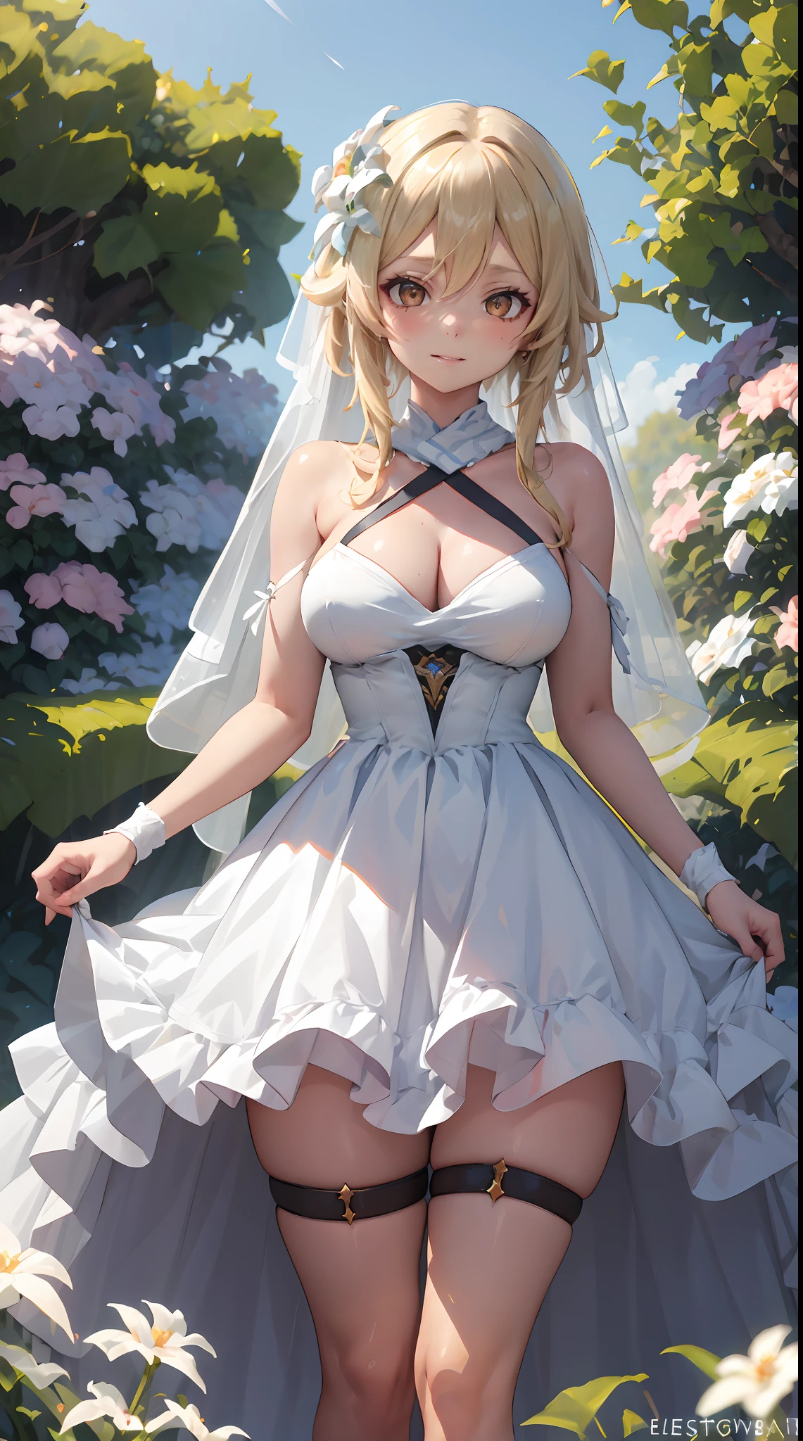 Lumine | genshin impact, master-piece, bestquality, 1girls,25 years old, proportional body, proportional., Wedding Dresses, White Wedding Dress, Long skirt, wedding, ,bara, Standing in the middle of a flower garden, outdoor, wedding, The sky is beautiful, Both hands hold a bouquet of flowers..............................................., View viewers from the front., Thigh strap, Head tilt, bored, 10, 10, HD, slight smile,