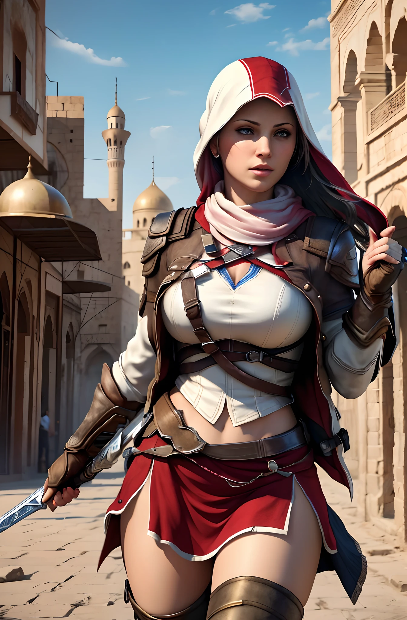 (best quality,4k,8k,highres,masterpiece:1.2),ultra-detailed,(realistic,photorealistic,photo-realistic:1.37),vivid colors,HDR,colorful, 1 woman, beautiful face, big breasts, sexy look, wearing assassin creed uniform from assassin creed game, white color of uniform, carrying sword in hand, look gentle, photo art, masterpiece, old Baghdad in the background