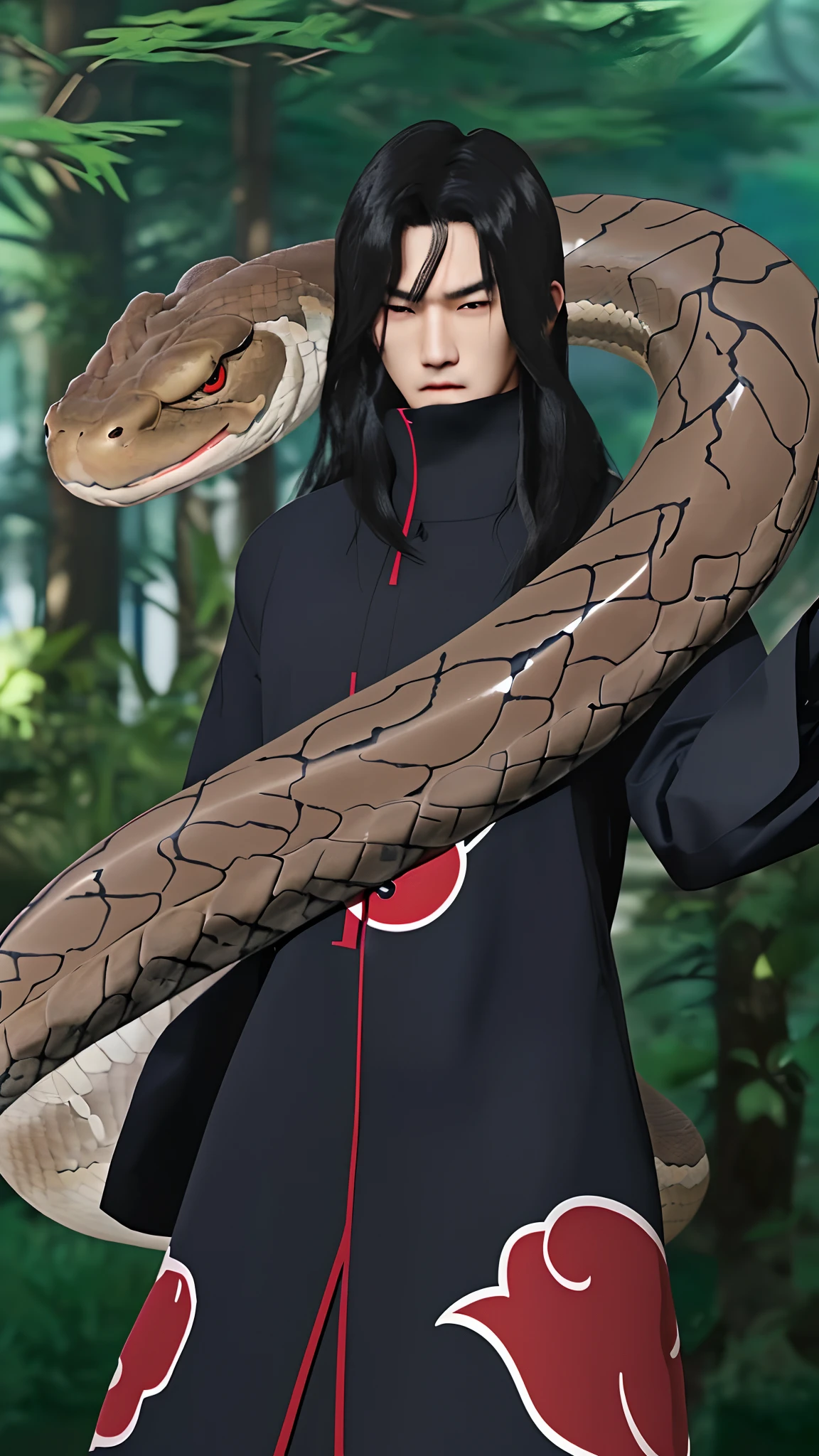 Real life adaption of this character,Korean handsome man face, (angry expression), ((realistic same hair)),((realistic same outfit with Akatsuki logo)) , hyper realistic, realistic light, realistic shadow, realism,(photorealistic:1.2), looking to viewer , ((There is a realistic large snake coiled around his body)),looking to viewer
