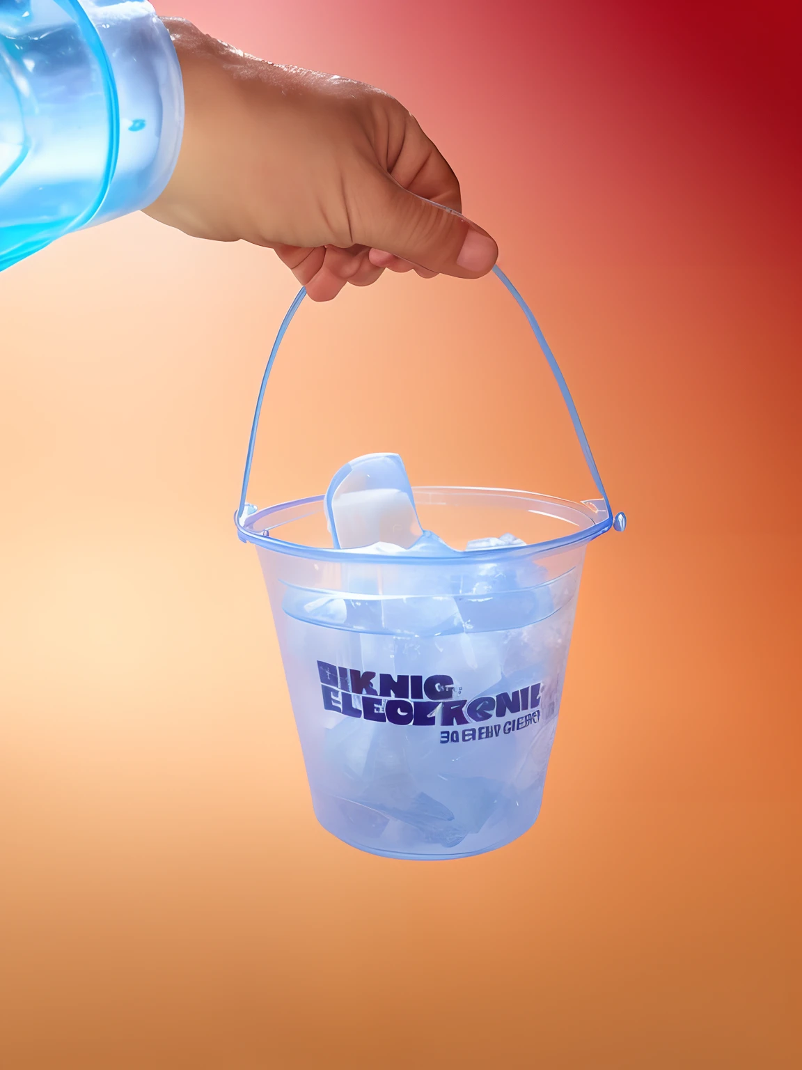 bucket drink, ice cubes, straw, says ECJL on It, remove the writing on the bucket, sticker, no background