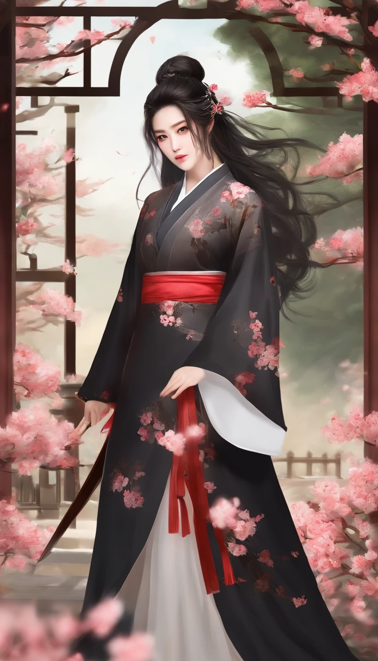 Danfengmu,bushido,The upper part of the body,Black Coil Hair,Simple hairpin,Cold eyes,solo person,orthofacial,frontage,Peach blossom background,Saturated colors,hyper realstic,8K High Resolution,Holding a longsword,Absolutely beautiful,highlight,plethora of colors