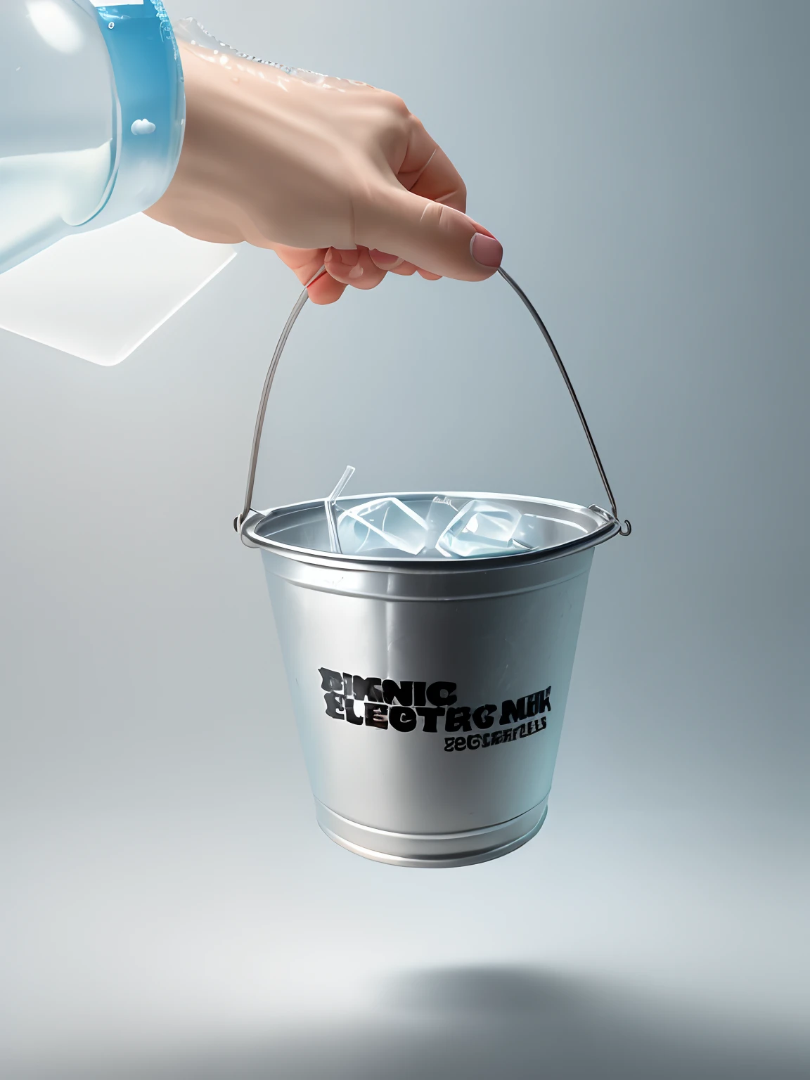 bucket drink, ice cubes, straw, says ECJL on It, remove the writing on the bucket, sticker, no background