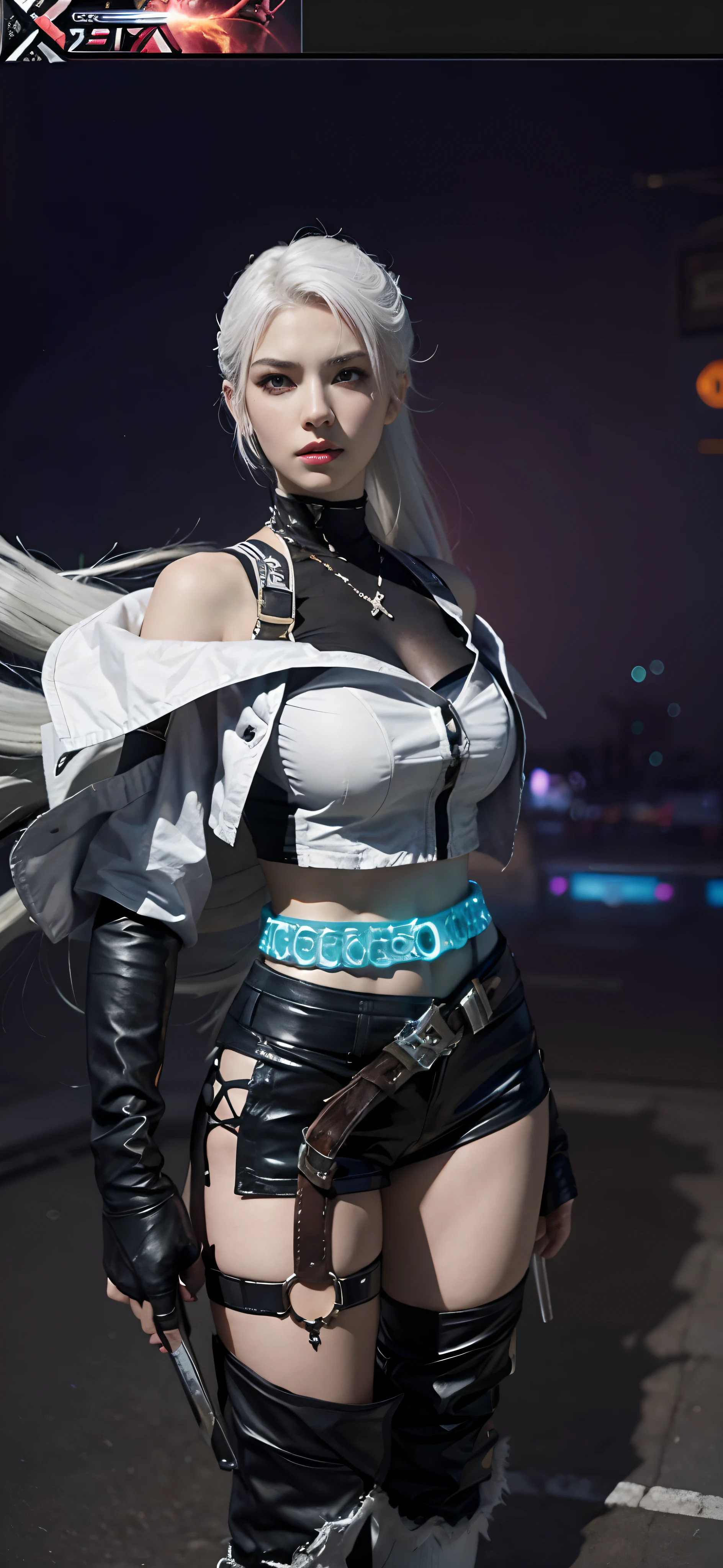 a close up of a person in a costume with a sword, as a character in tekken, female character, tifa lockhart with white hair, katana zero video game character, lunar themed attire, kda, slim body, cyborg - girl with silver hair, upper body avatar, (( medium breast;1.2)), fashion gameplay screenshot, fighting game character, new character, floralpunk elysian maiden, sigma female