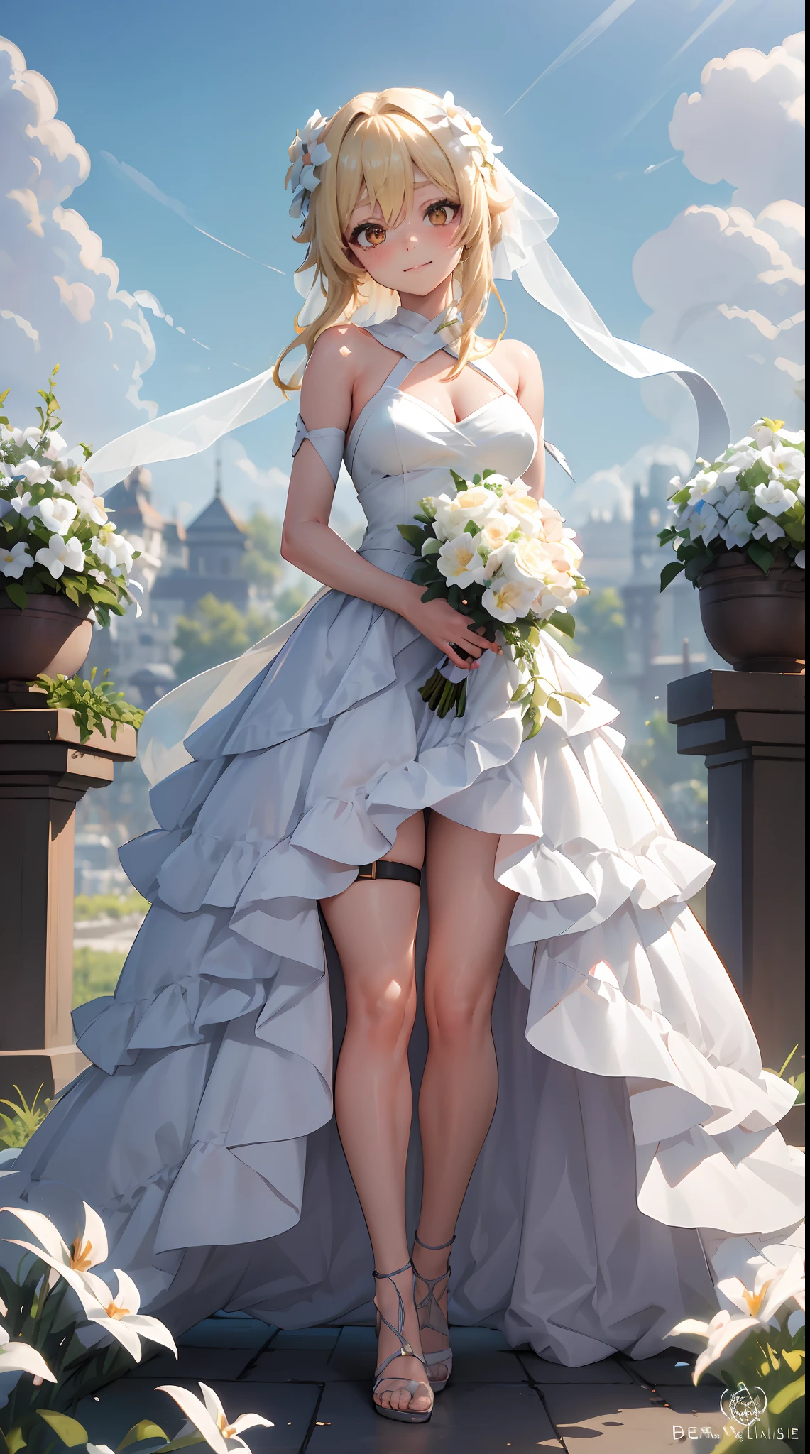 Lumine | genshin impact, master-piece, bestquality, 1girls,25 years old, proportional body, proportional., Wedding Dresses, White Wedding Dress, Long skirt, wedding, ,bara, Standing in the middle of a flower garden, outdoor, wedding, The sky is beautiful, Both hands hold a bouquet of flowers..............................................., View viewers from the front., Thigh strap, Head tilt, bored, 10, 10, HD, slight smile,