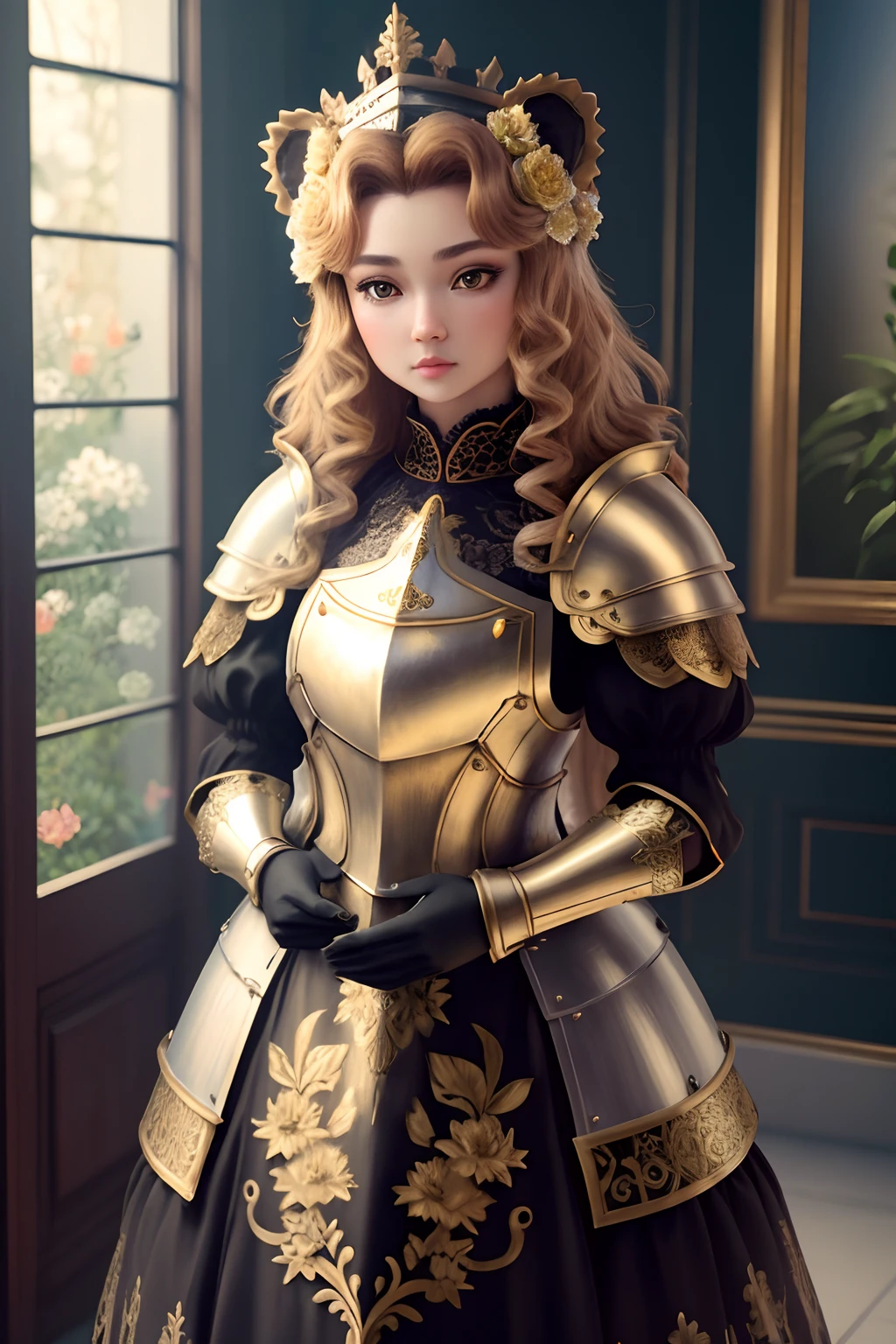 3dcreature cute lion wearing knight armor with detailed floral ornament, 1boy, big eyes, chibi, Photorealistic, Hyperrealistic, Hyperdetailed, analog style, hip cocked, demure, low cut, black lace, detailed skin, matte skin, soft lighting, subsurface scattering, realistic, heavy shadow, masterpiece, best quality, ultra realistic, 8k, golden ratio, Intricate, High Detail, film photography, soft focus