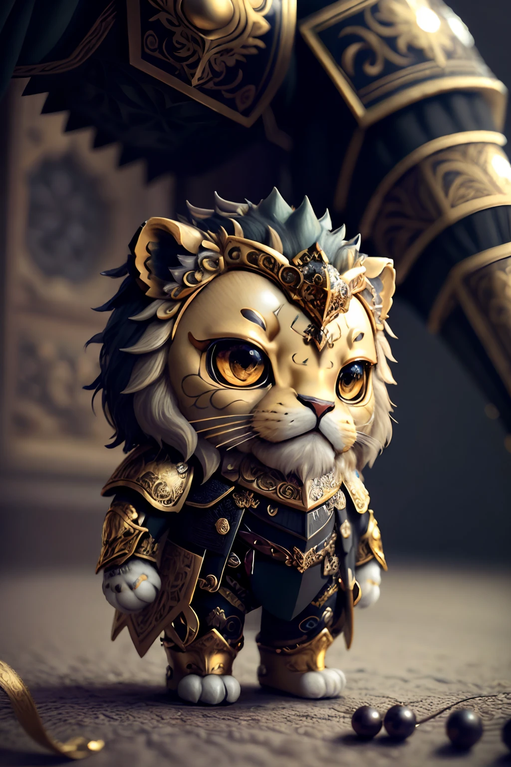 3dcreature cute lion wearing knight armor with detailed floral ornament, 1boy, big eyes, chibi, Photorealistic, Hyperrealistic, Hyperdetailed, analog style, hip cocked, demure, low cut, black lace, detailed skin, matte skin, soft lighting, subsurface scattering, realistic, heavy shadow, masterpiece, best quality, ultra realistic, 8k, golden ratio, Intricate, High Detail, film photography, soft focus