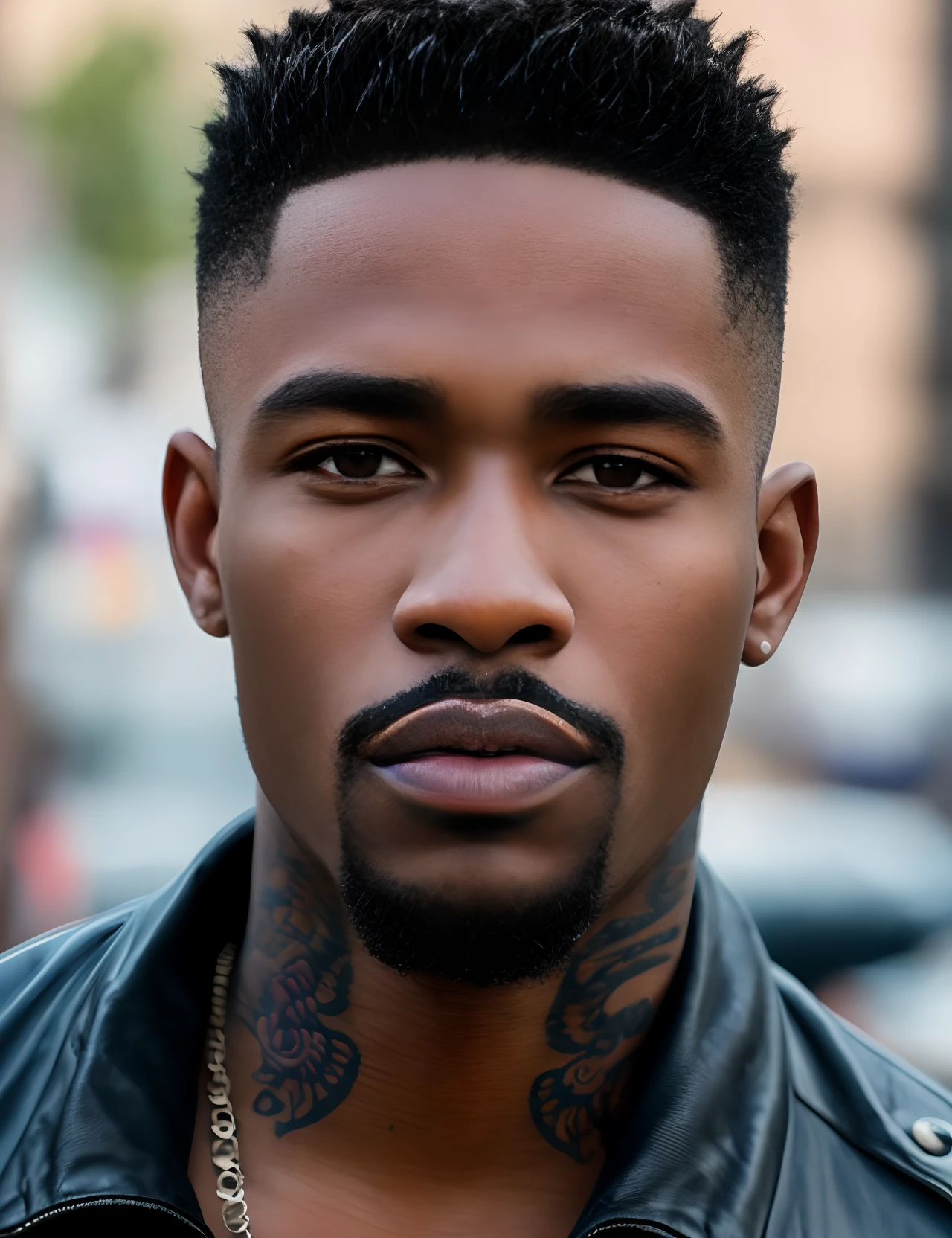 Hyper realistic , ultra detailed, photo of handsome Black American man, 20 years old, thick masculine eyebrows, big prominent lips, tattooed, Front facing, ultra detailed, ultra accurate detailed, Shot with canon EOS RI camera at 50 mm focal length with a 1.4 aperture. 4k, 8k. Heavy makeup and a coy expression, photo taken on the streets of brooklyn, new york