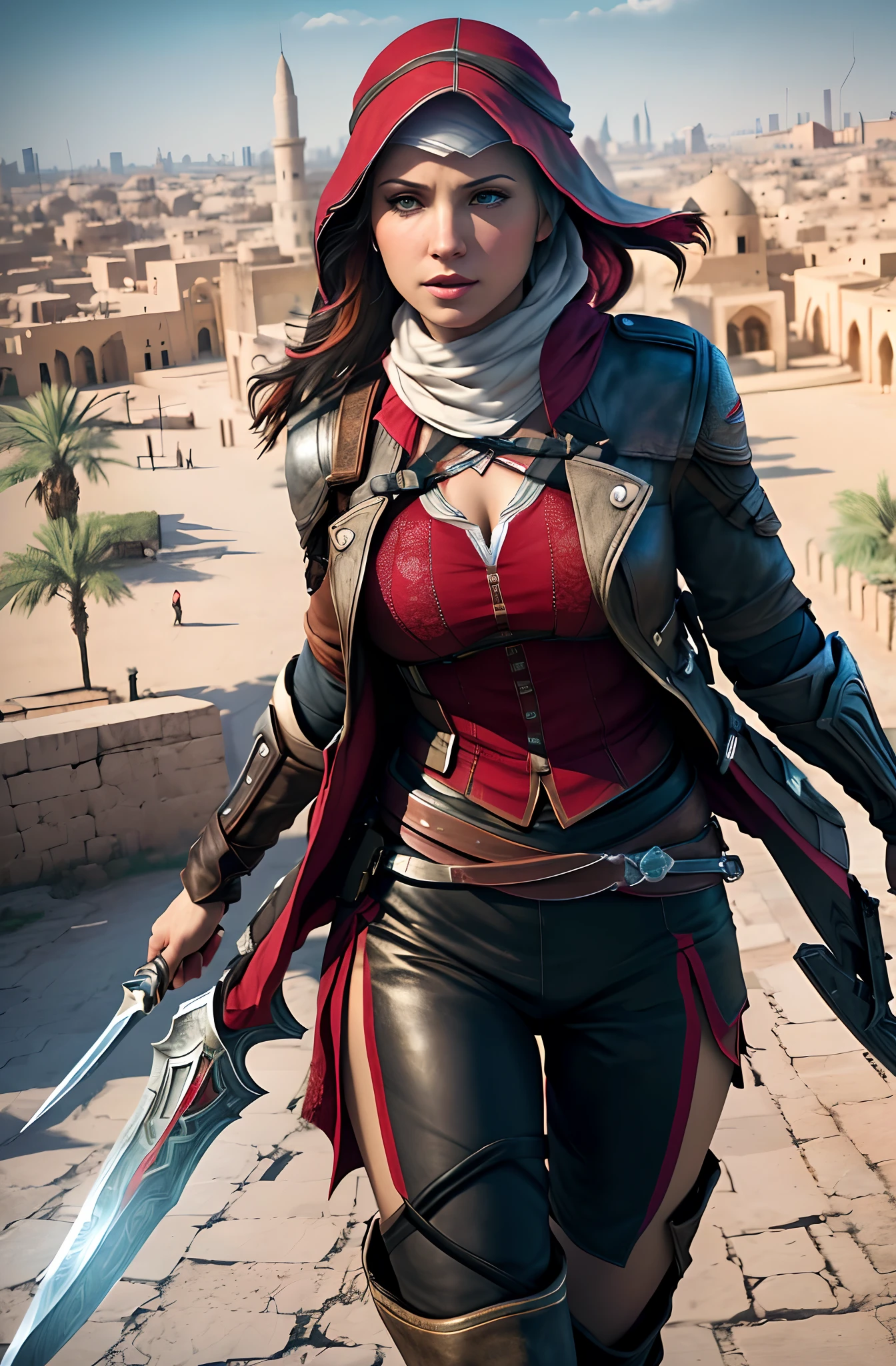 (best quality,4k,8k,highres,masterpiece:1.2),ultra-detailed,(realistic,photorealistic,photo-realistic:1.37),vivid colors,HDR,colorful, 1 woman, beautiful face, big breasts, sexy look, wearing assassin creed uniform from assassin creed game, white color of uniform, carrying sword in hand, look gentle, photo art, masterpiece, old Baghdad in the background