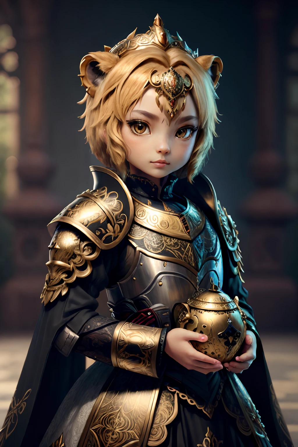3dcreature cute lion wearing knight armor with detailed floral ornament, 1boy, big eyes, chibi, Photorealistic, Hyperrealistic, Hyperdetailed, analog style, hip cocked, demure, low cut, black lace, detailed skin, matte skin, soft lighting, subsurface scattering, realistic, heavy shadow, masterpiece, best quality, ultra realistic, 8k, golden ratio, Intricate, High Detail, film photography, soft focus