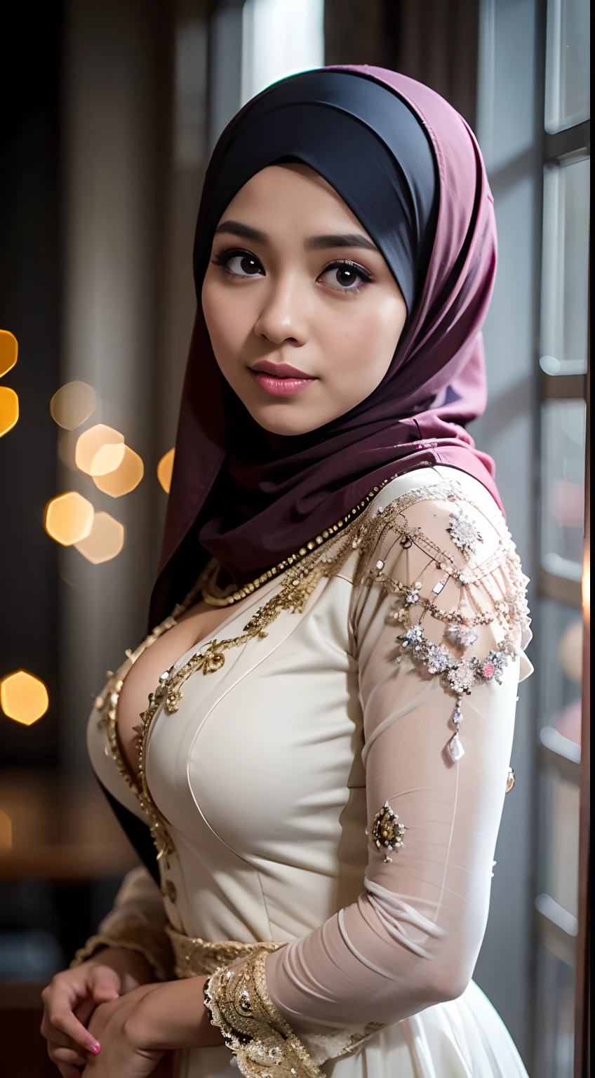 1 malay girl , modern plain hijab,  shy, medium portrait shot , watery  eyes , light glowing particles, wearmodern Indonesian bridal kebaya dresses,  big breast, pink light bokeh background, proportional body,