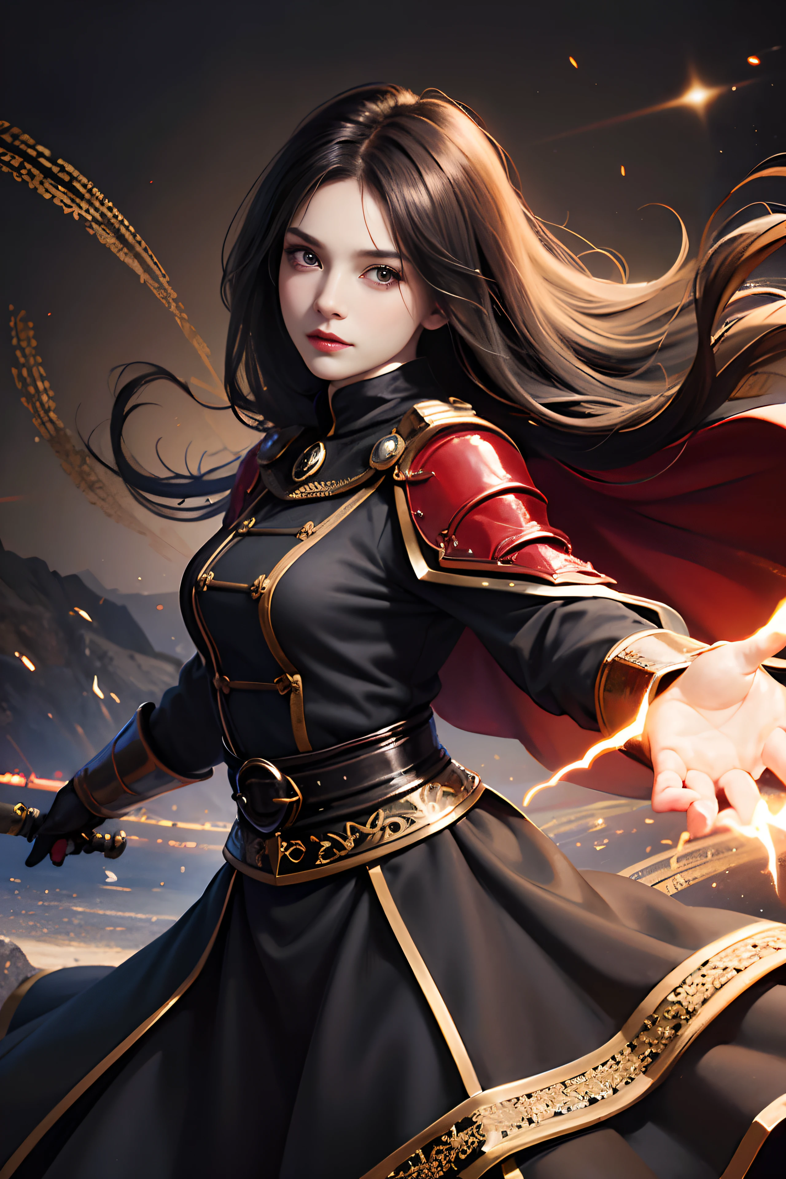 (skindentation:1.5), Realistic, Photorealistic, (masterpiece:1.5), concept art, intricate details, highly detailed, photorealistic, octane render, 8k, unreal engine, dynamic pose, best quality, highres, (realistic face:1.1), (hyperrealistic:1.1), ((full_body)), perfect eyes,(shiny skin:1.2), (((hairstyle))), (((perfect hands))), (extremely detailed background), ((dynamic background)), ((lightning)), (light rays), ((1girl)), wearing cloak, (((flowing cloak))), ((detailed eyes, high quality eyes, high quality face)), (extremely intricate robes, magical robes), long black hair, casting lightning, electricity, swirling fire, radiating power, sparks, smoke, magic, ((dramatic)), epic, battlefield, depth of field, bokeh, 4k, gothic, ember, particles, black and red long skirt, battle action