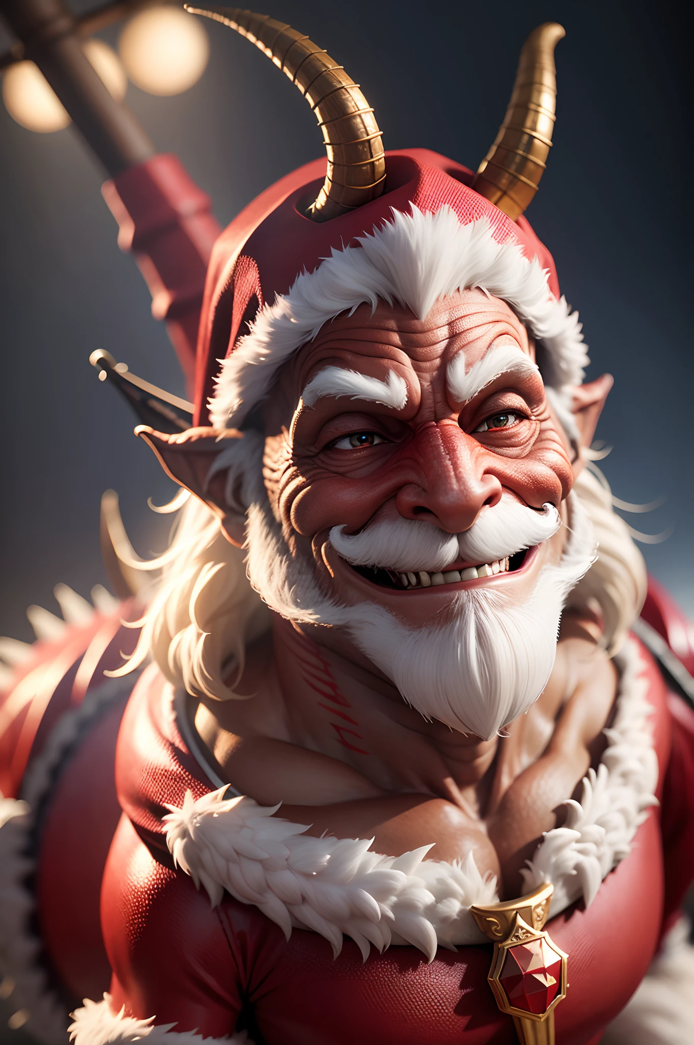 brutal dragon in santa claus costume smiling, realistic 3d, professional photo, 8k --auto --s2