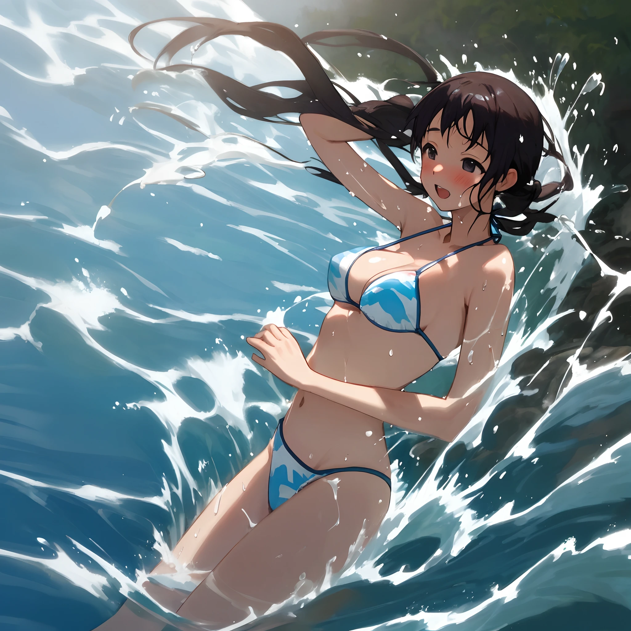Japanese woman in bikini getting splashed with milky white water