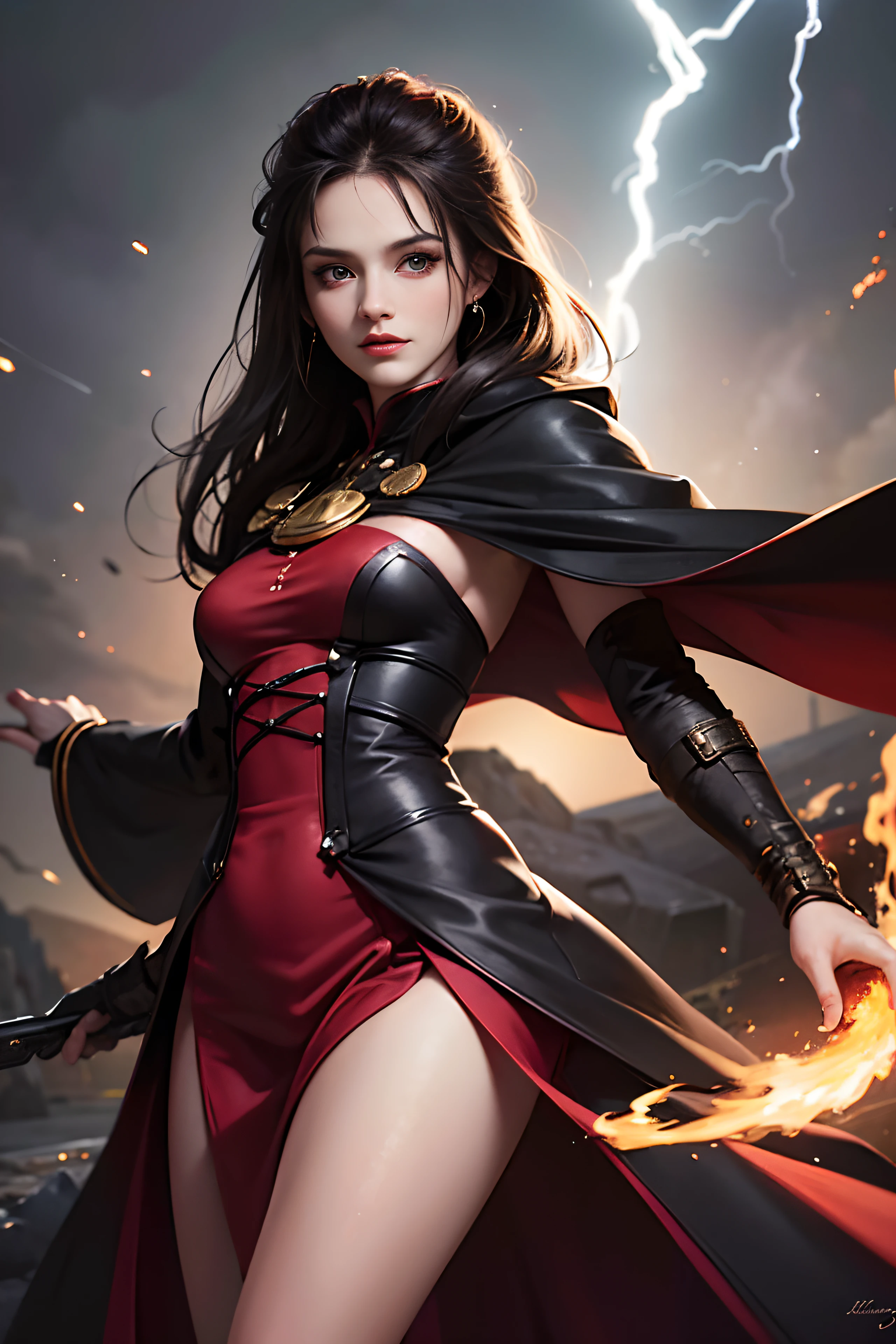 (skindentation:1.5), Realistic, Photorealistic, (masterpiece:1.5), concept art, intricate details, highly detailed, photorealistic, octane render, 8k, unreal engine, dynamic pose, best quality, highres, (realistic face:1.1), (hyperrealistic:1.1), ((full_body)), perfect eyes,(shiny skin:1.2), (((hairstyle))), (((perfect hands))), (extremely detailed background), ((dynamic background)), ((lightning)), (light rays), ((1girl)), wearing cloak, (((flowing cloak))), ((detailed eyes, high quality eyes, high quality face)), (extremely intricate robes, magical robes), long black hair, casting lightning, electricity, swirling fire, radiating power, sparks, smoke, magic, ((dramatic)), epic, battlefield, depth of field, bokeh, 4k, gothic, ember, particles, black and red long skirt, battle action