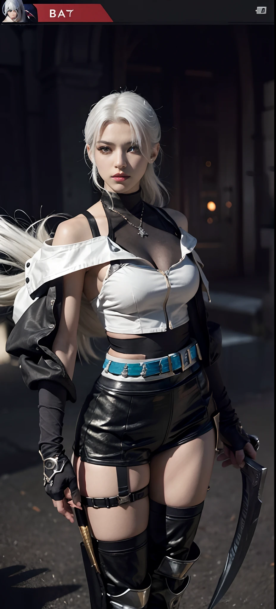a close up of a person in a costume with a sword, as a character in tekken, female character, tifa lockhart with white hair, katana zero video game character, lunar themed attire, kda, slim body, cyborg - girl with silver hair, upper body avatar, (( medium breast;1.2)), fashion gameplay screenshot, fighting game character, new character, floralpunk elysian maiden, sigma female