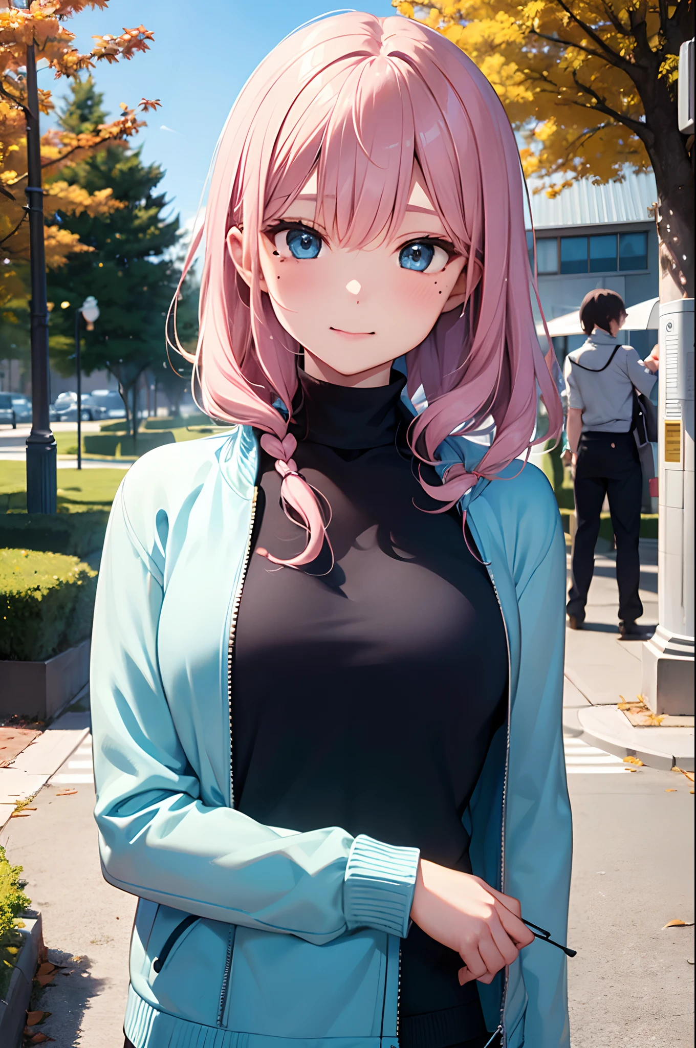(Girl with a nasty appearance:1.3)、(Daytime:1.5)、(and chest:1.4)、Raw photography, top-quality, hight resolution, (masterpiece), (Photorealsitic:1.4), (Mole under the eyes),Anime Cosplay, foco nítido, nffsw, 8K分辨率, intricate detailes, depth of fields, the Extremely Detailed CG Unity 8K Wallpapers, front lit, femele,25-years old、 Happy face,(tying hair:1.5)、see -through、(Medium pink hair)、blue eyess,(a park:1.5)、(Turtleneck Knit Jacket:1.3)、(Full body depiction)、Autumn atmosphere