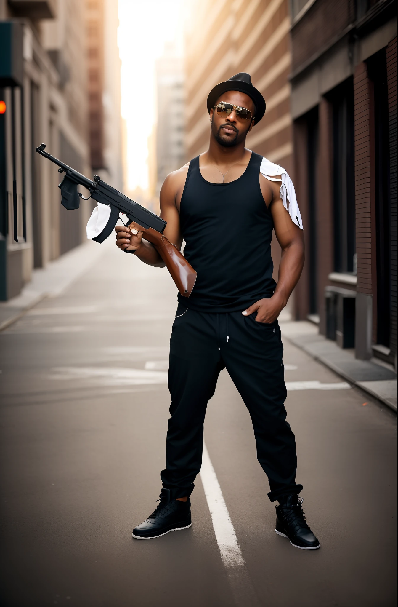 arafed man holding a gun and a roll of toilet paper, photo from a promo shoot, with pistol, head shoot, promo shoot, promotional shot, sakuga gunplay, holding shotgun, with a gun, holding a mp7, man is carrying a rifle, holding rifle, holding gun, fullbody shot, he has a pistol!!, suit and tie, sunglasses, new york city street backdrop, outside basketball court, Afro-American, clean shaven