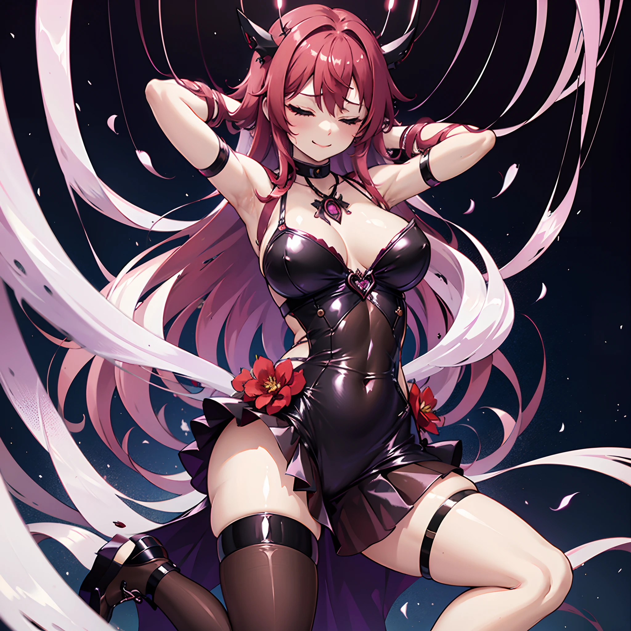 1 girl, solo, red hair, pale skin, long straight hair, large breasts, nurse_dress, Irys, black head_wear, sexy legwear, V-neck, bra, corrupted, smirk, partially closed eyes, brainwash, purple necklace, sexy pose