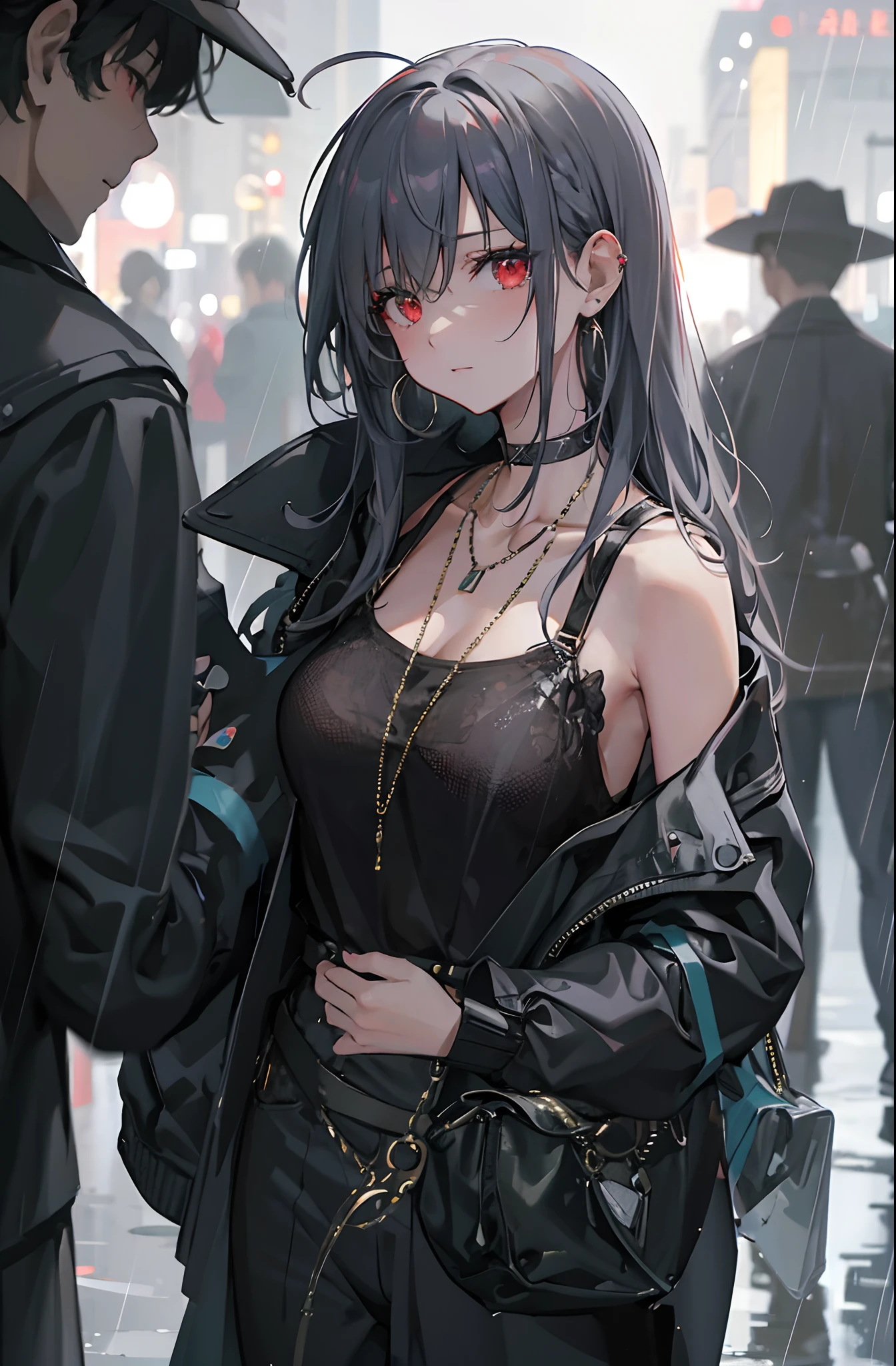 Masterpiece,(best qualtiy),highly  detailed,Ultra-detailed, Cold, 1girll, a beauty girl, stare, Red eyes, Beautiful detailed eyes, Long hair, White hair, Silver hair, Wing-like bangs, Dull hair, ahoge, Hair rings, Braid, bag, bangs, , Blurry, The background is blurred out, blurryforeground, Bokeh, Breasts, Building, City, City lights, Depth of field, Earrings, groundvehicle, 手拿手提包, holding bag, hoop earings, Jacket, jewelry, Long sleeves, view the viewer, Neon lights, Night, Outdoors, Pants, Photo background, rain, Road, skyscraper, Solo, street