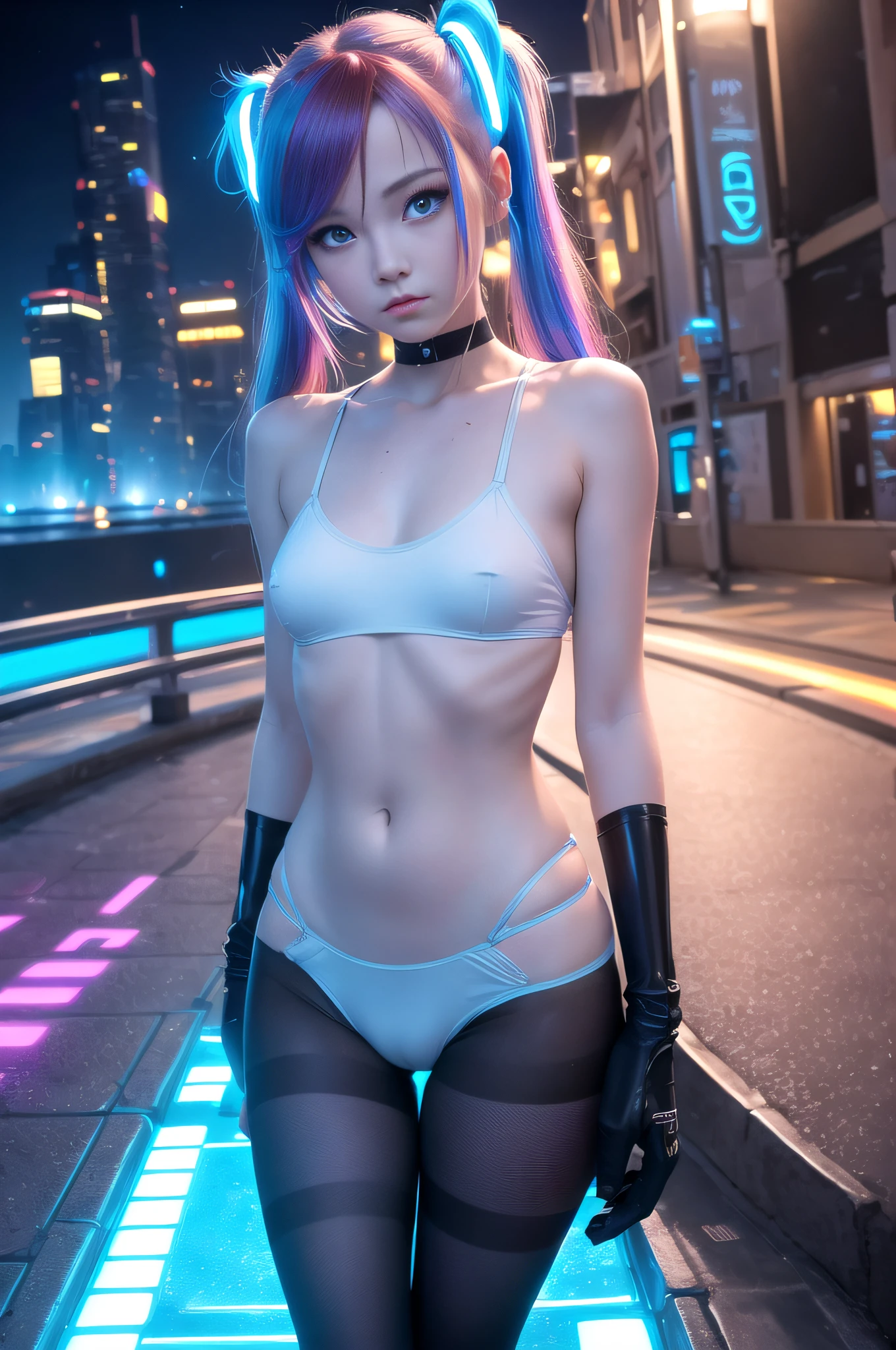 1 girl, solo, (nsfw), cute redhead 18-year-old girl in twin tails, ((perfect female body)), (cute face make up), multiple (rainbow colored hair: 1.2), (beautiful detailed blue eyes: 1.6), (photo realistic eyes: 1.6), happy, Ukrainian, (petite body), ((small hips)), pale white skin, (micro bikini: 1.2), ((thin pantyhose: 1.6)), (("TRON LEGACY futuristic city" style background)), (night time:1.2), photo realistic.
