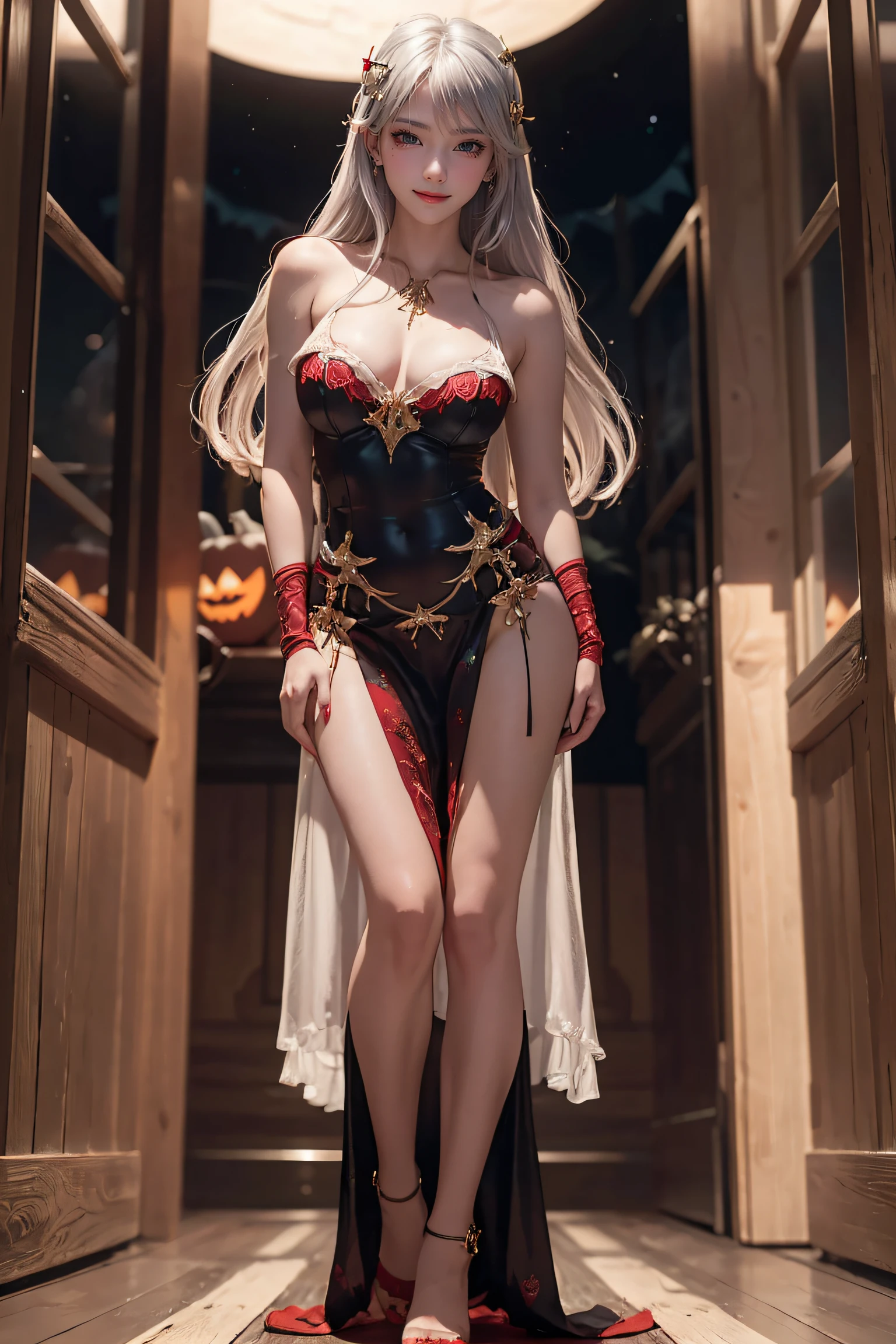 masterpiece, top-quality, top-quality, Beautifully Aesthetic:1.2, 1girl, Halloween night, Wearing a Blue with Silver and Gold devil costume, high detailed, ((Red eyes:1.8)), Standing leaning forward with hands on waist that sticking out breasts, large breasts, firm breast, nicely shaped breasts, slender figure,
((Gray hair, Red colored inner hair)), wavy hair, (medium long hair:1.2), (asymmetrical bangs:1.2),
in the Halloween party venue at late night, (Full body shot:1.1), (From below:1.1),