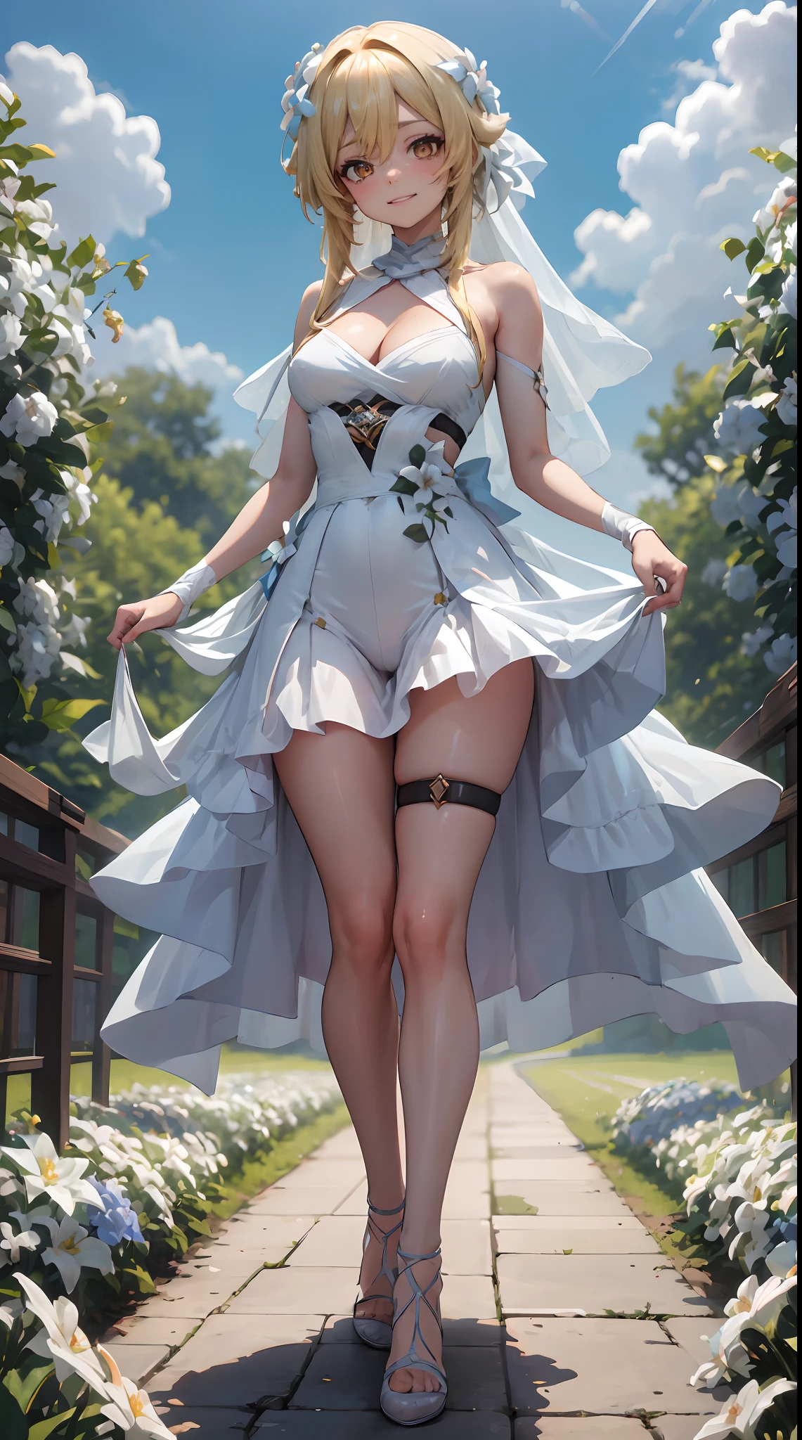 Lumine | genshin impact, master-piece, bestquality, 1girls,25 years old, proportional body, proportional., Wedding Dresses, White Wedding Dress, Long skirt, wedding, ,bara, Standing in the middle of a flower garden, outdoor, wedding, The sky is beautiful, Both hands hold a bouquet of flowers................................................, View viewers from the front., Thigh strap, Head tilt, bored, 10, 10, HD, slight smile,