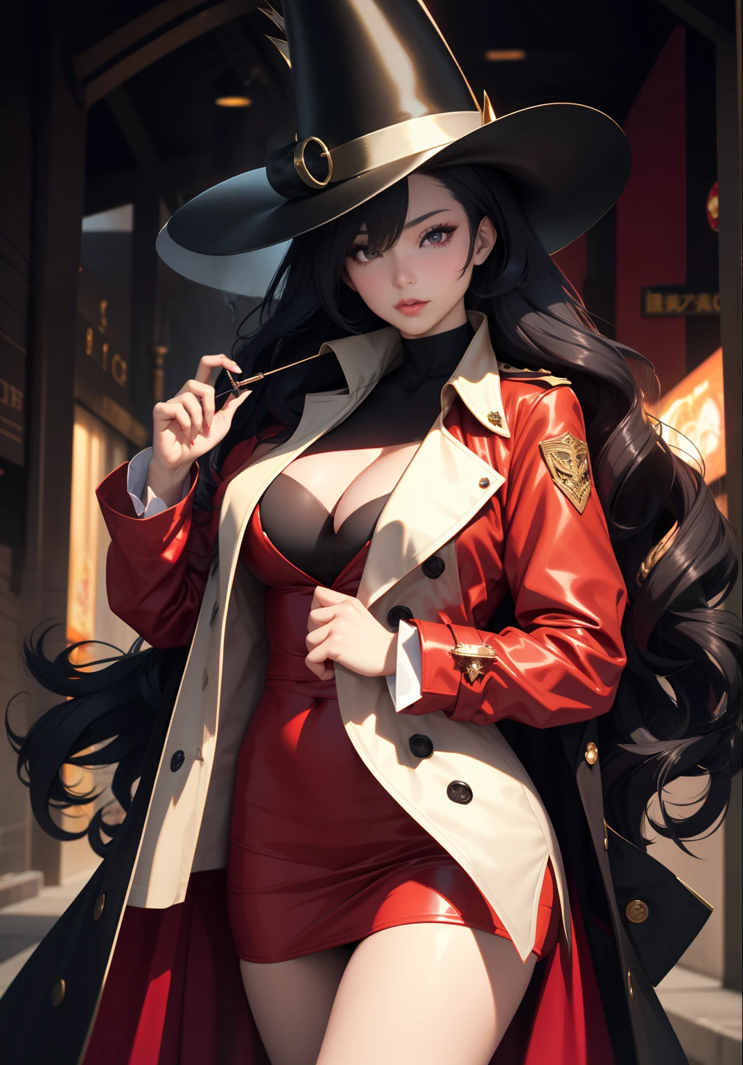 Conservative style，Close-up of a woman in a trench coat, Super Flame Magician, blacksilk，deayami kojima,  long whitr hair，35mm focal length，full bodyesbian，