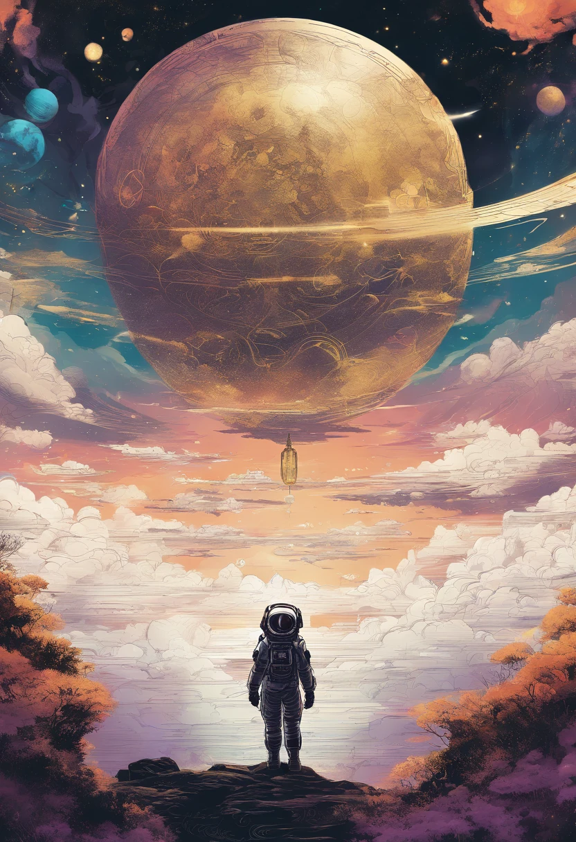A detailed intricate illustration muted chinese ink painting, magic cosmic colors, rice paper texture, digital paint, halo astronaut, one black and gold future portal in the sky. Venus. Space. Clouds wet to wet techniques. vibrant vector professional art. using Cinema 4D, Mysterious