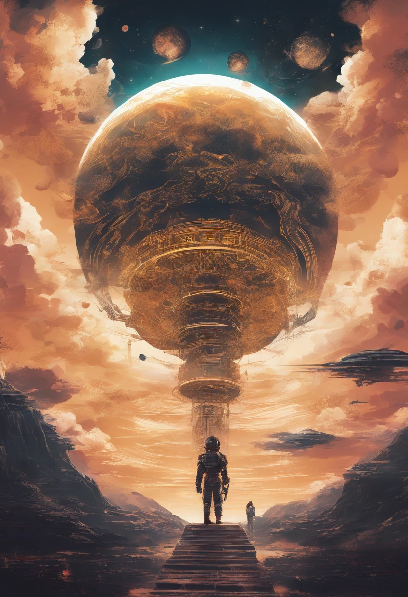 A detailed intricate illustration muted chinese ink painting, magic cosmic colors, rice paper texture, digital paint, halo astronaut, one black and gold future portal in the sky. Venus. Space. Clouds wet to wet techniques. vibrant vector professional art. using Cinema 4D, Mysterious