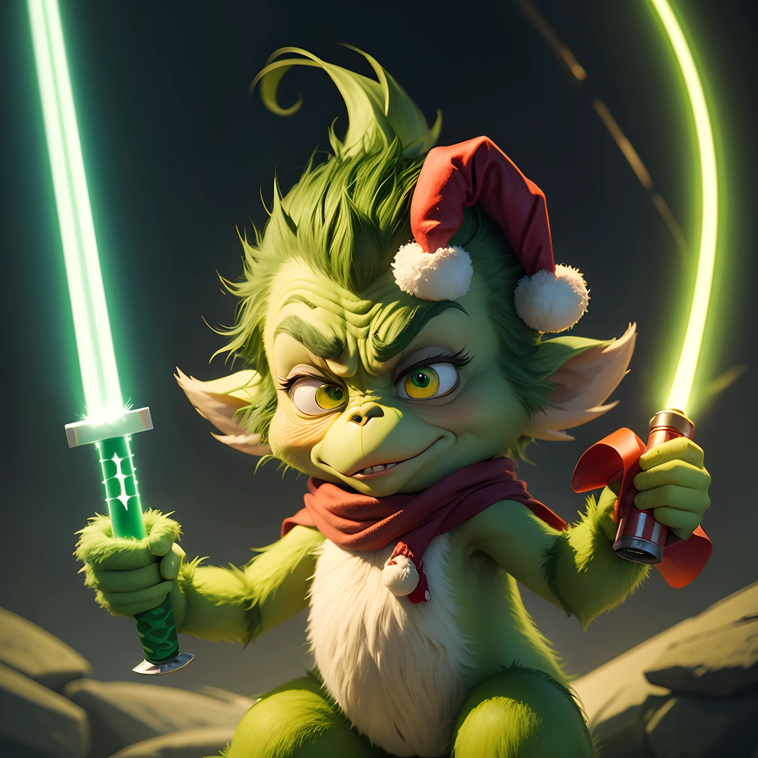 The grinch holding a a lightsaber