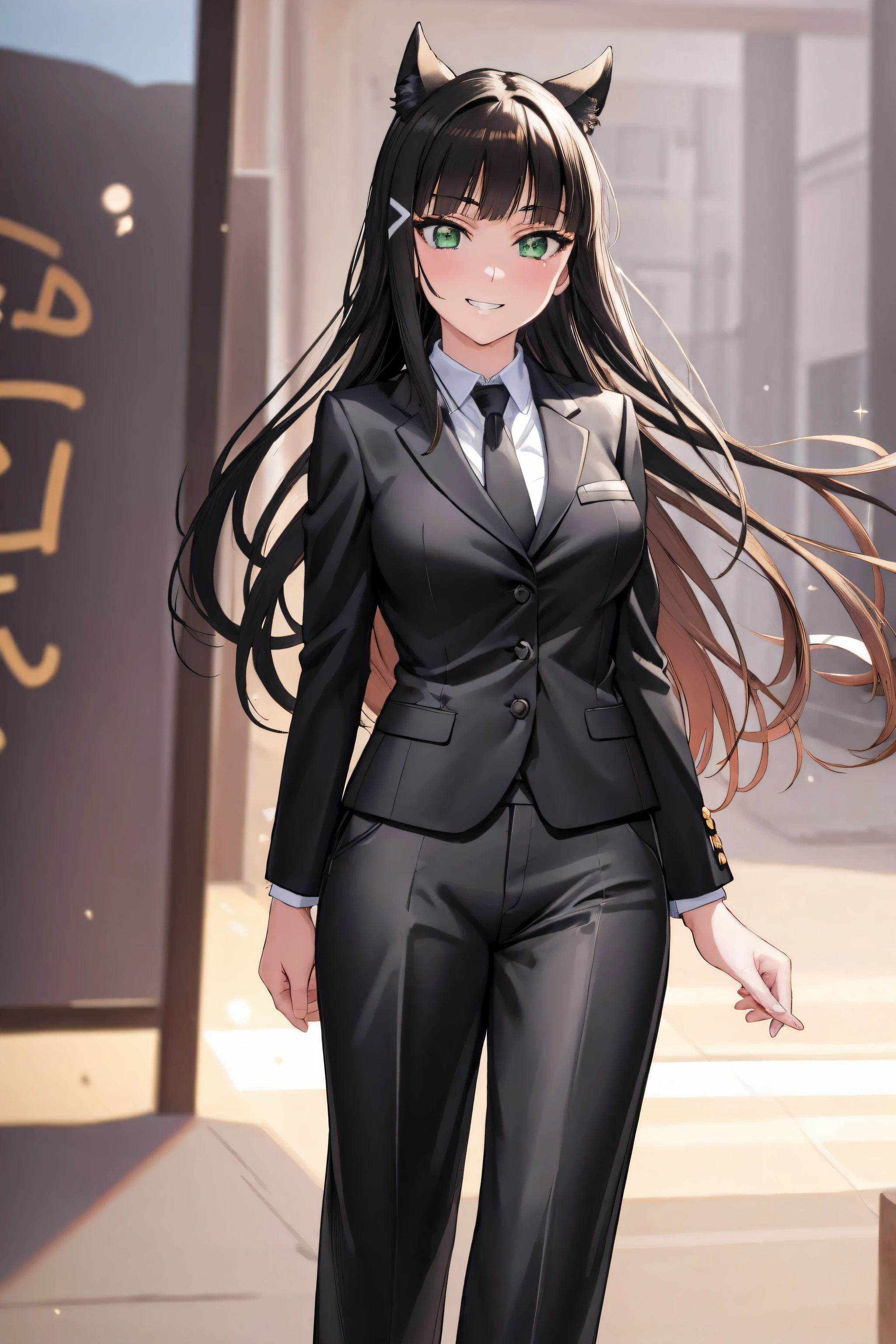 crotchless pants, 1girl, dia kurosawa, black hair, (green eyes:1.5) , shirt, breasts, white gloves,looking at viewer,  black pants,  smile, black necktie, suit,  formal, jacket, large breasts, wine, heart,  black jacket, black panties, collared shirt, long sleeves, , blunt bangs,  business suit, simple background, black tail, cowboy shot, grin20yo,young female,Beautiful Finger,Beautiful long legs,Beautiful body,Beautiful Nose,Beautiful character design, perfect eyes, perfect face, looking at viewer, (innocent_big_eyes:1.0),(expressionless:1.3),seductive anime girl.teasing smile, NSFW,official art,extremely detailed CG unity 8k wallpaper, perfect lighting,Colorful, Bright_Front_face_Lighting, (masterpiece:1.0),(best_quality:1.0), ultra high res,4K,ultra-detailed, photography, 8K, HDR, highres, absurdres:1.2, Kodak portra 400, film grain, blurry background, bokeh:1.2, lens flare, (vibrant_color:1.2) (Beautiful,medium_Breasts:1.4), (beautiful_face:1.5),(narrow_waist),(perfect hands, perfect anatomy)