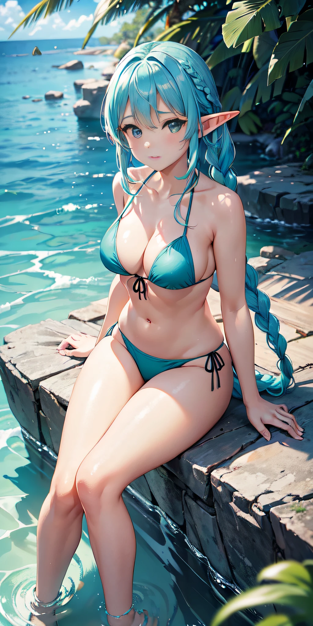 cowboy shot view, (only 1 Elf WOMAN), Aqua hair twin braids, blush, body measurements 90 57 90, big eyes, (symmetrical and mischievous face), ((sitting by the sea, 50% Bikini)), random pose, Natural side light, In the background there is a cenote in the middle of the Mayan jungle, Intricate details, Canon EOS R50 camera with Canon R50 RF-S 18-45mm IS STM lens